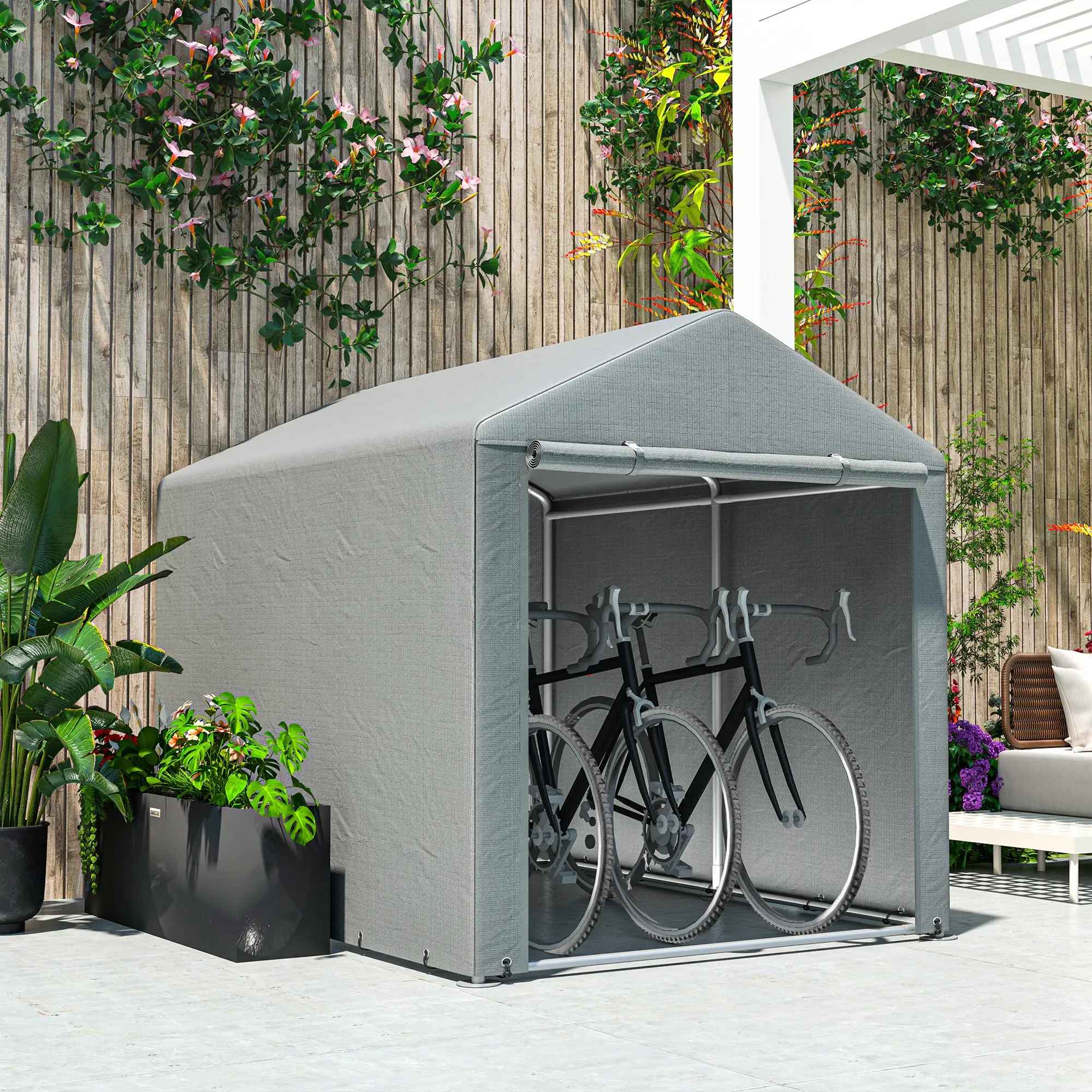 Portable Bicycle Shed, Galvanized Steel Frame, Large Door, Waterproof, Light Grey - Image 7