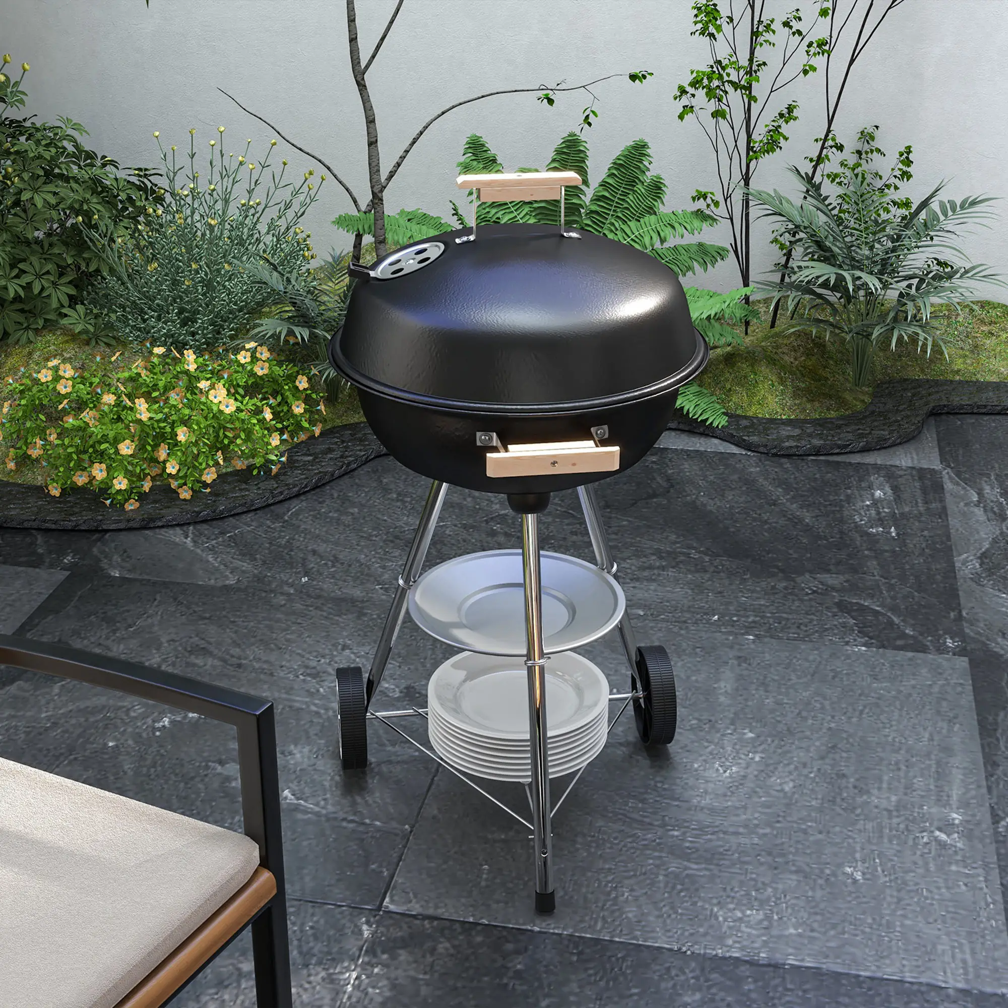 Portable Charcoal BBQ Grill, Steel Outdoor Cooker With Lid, Black - Image 2