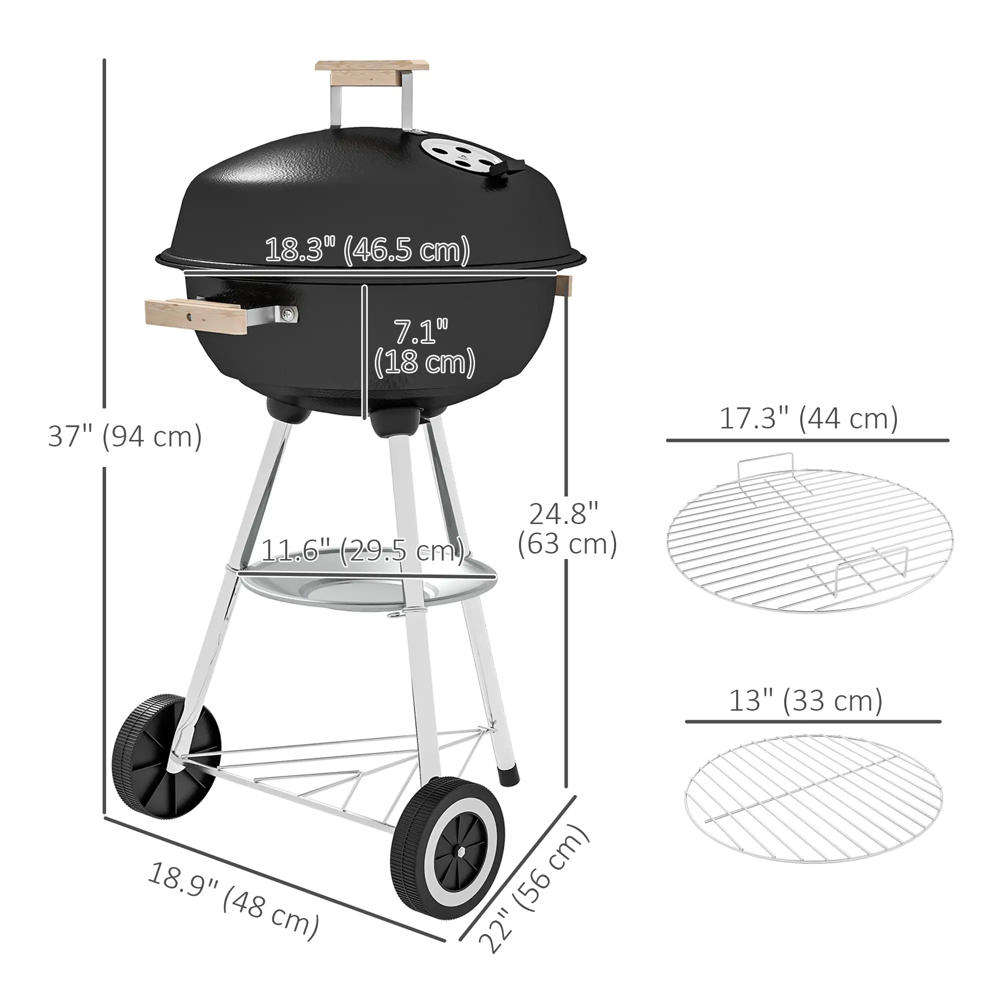 Portable Charcoal BBQ Grill, Steel Outdoor Cooker With Lid, Black - Image 3