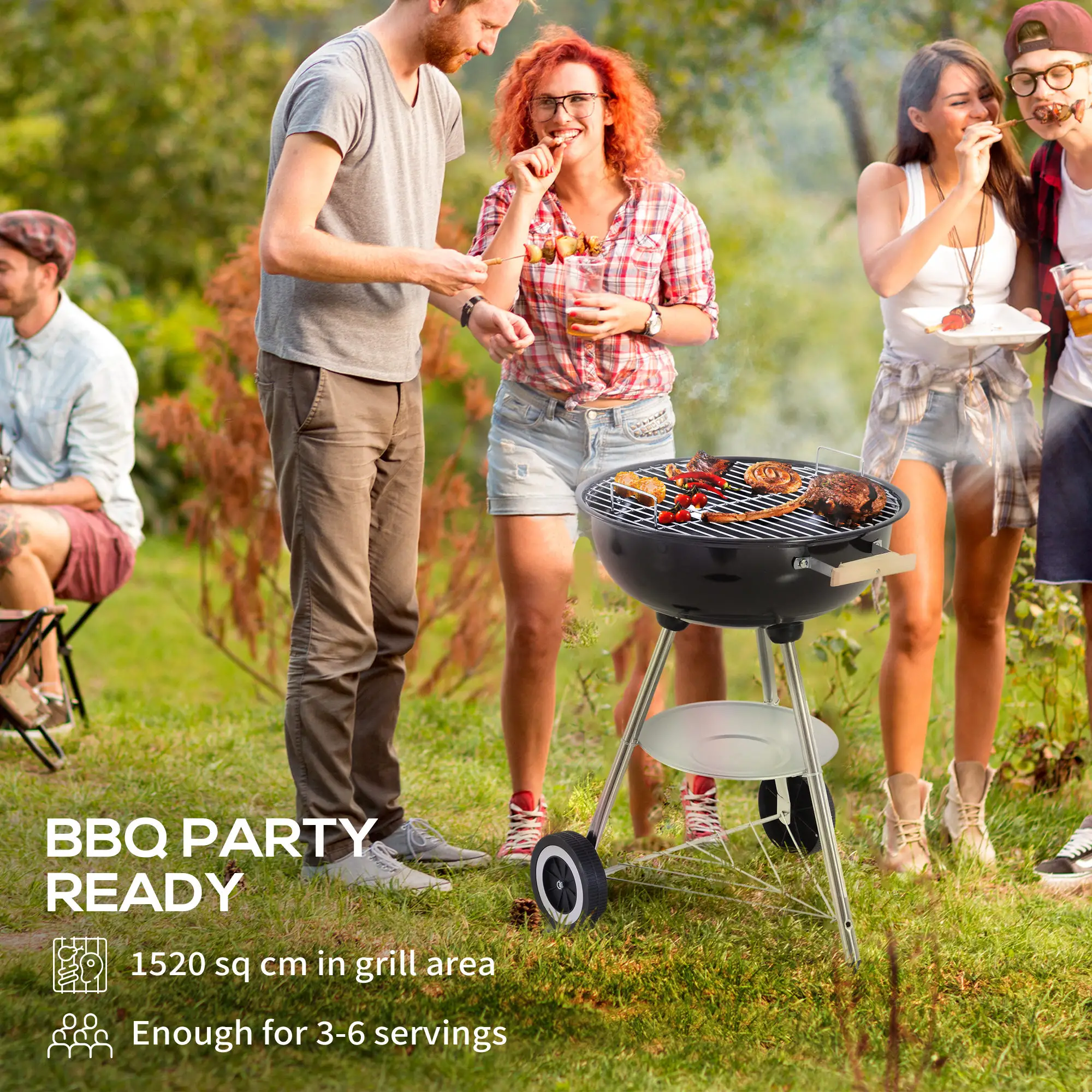 Portable Charcoal BBQ Grill, Steel Outdoor Cooker With Lid, Black - Image 4