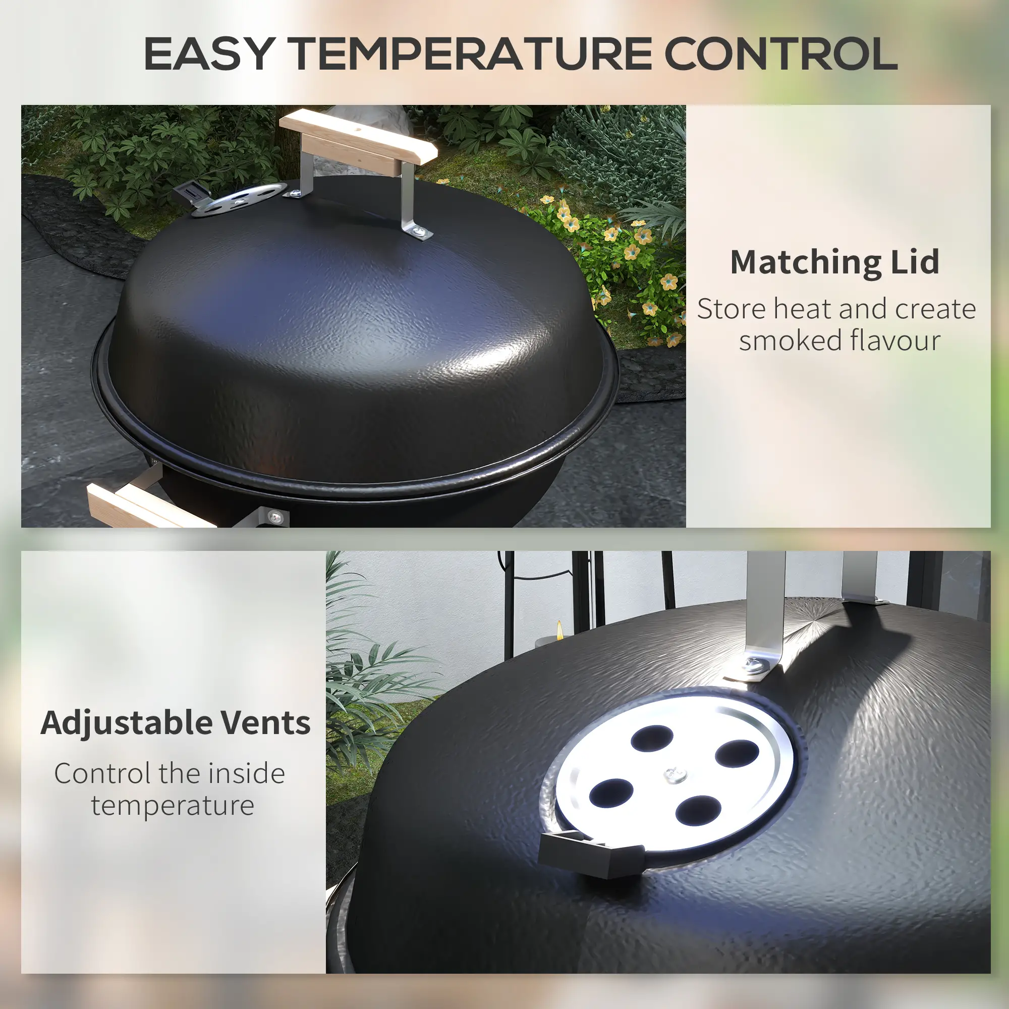 Portable Charcoal BBQ Grill, Steel Outdoor Cooker With Lid, Black - Image 5