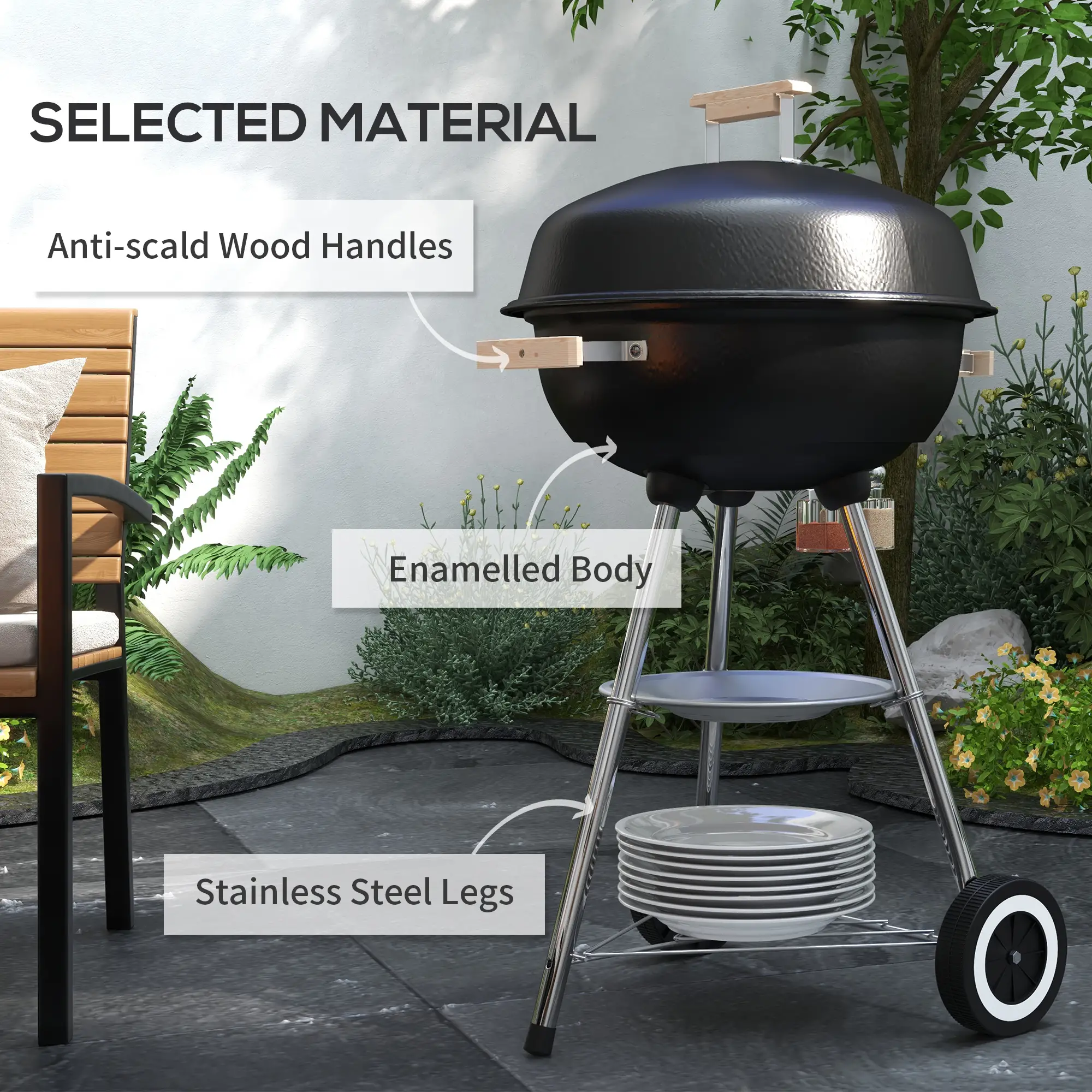 Portable Charcoal BBQ Grill, Steel Outdoor Cooker With Lid, Black - Image 6