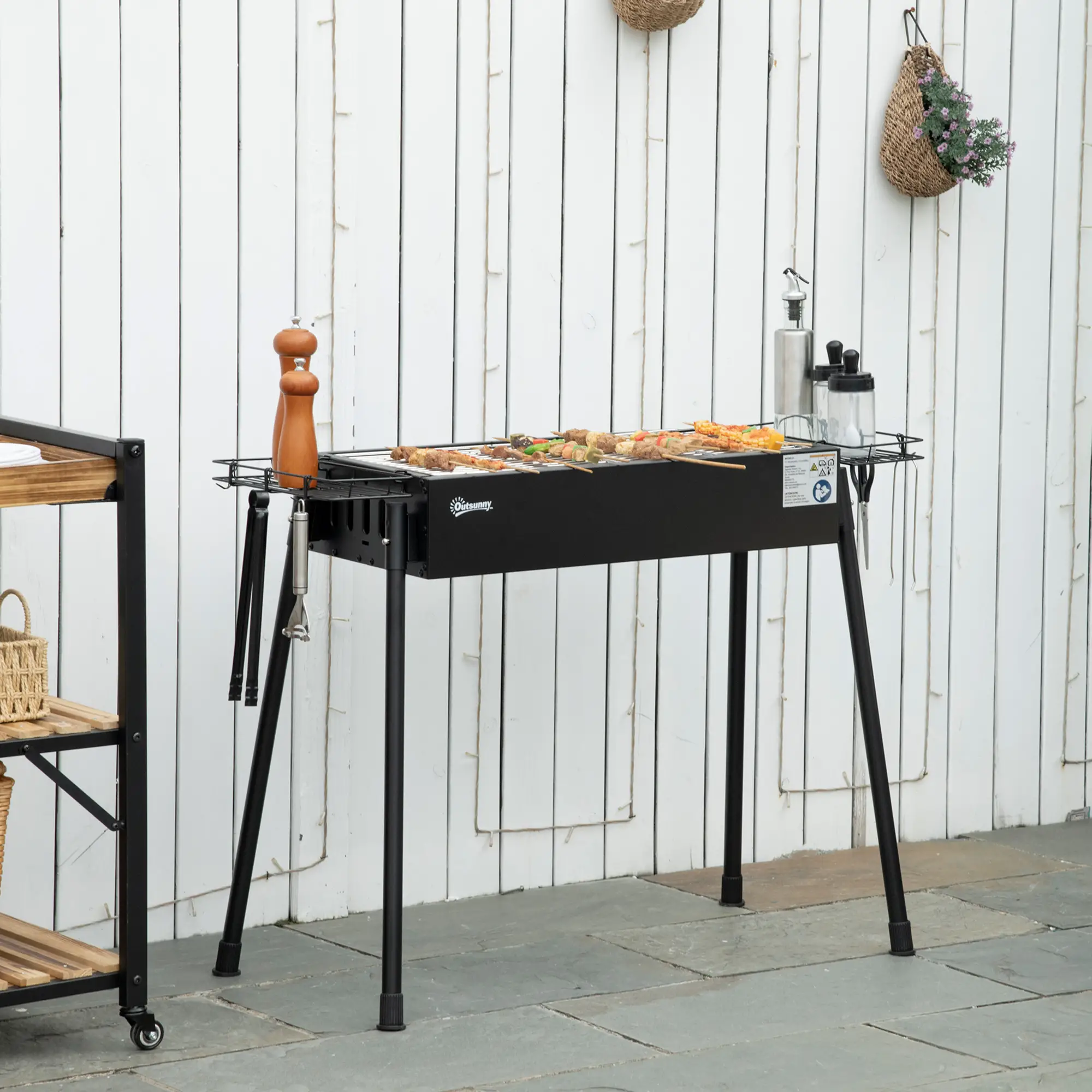 Portable Charcoal Grill With Side Baskets, Hooks, Nets, Black - Image 8