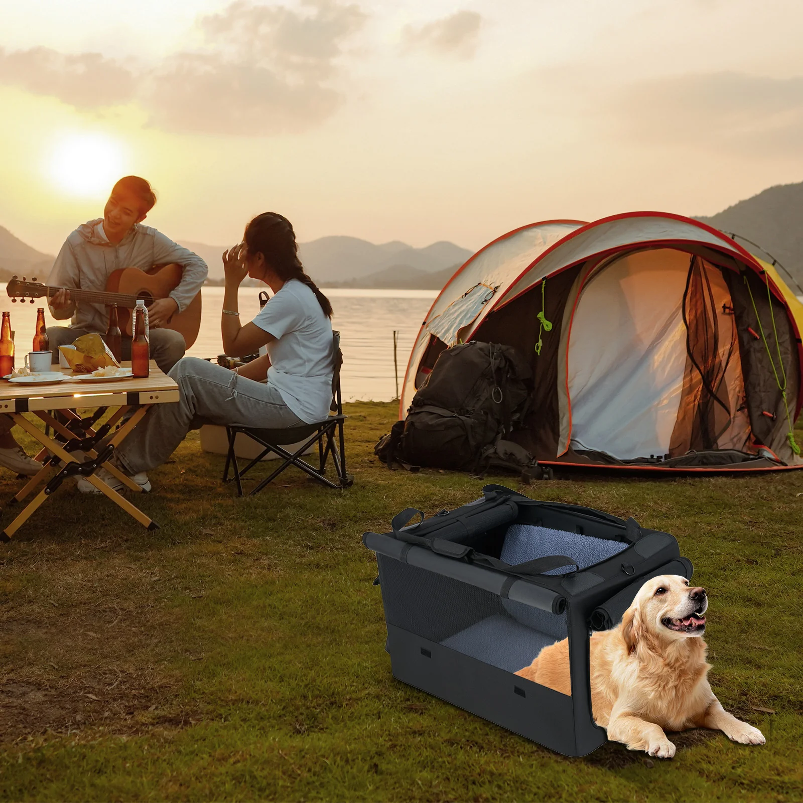 Portable Foldable Pet Carrier Bag, 2 Openings, Comfy Cushion, M, Black - Image 2