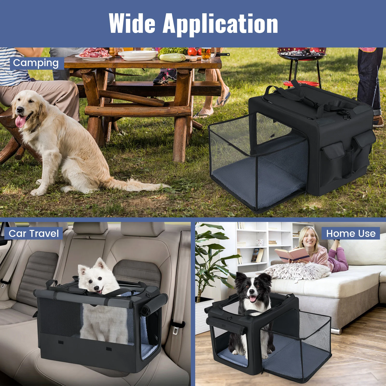 Portable Foldable Pet Carrier Bag, 2 Openings, Comfy Cushion, M, Black - Image 7