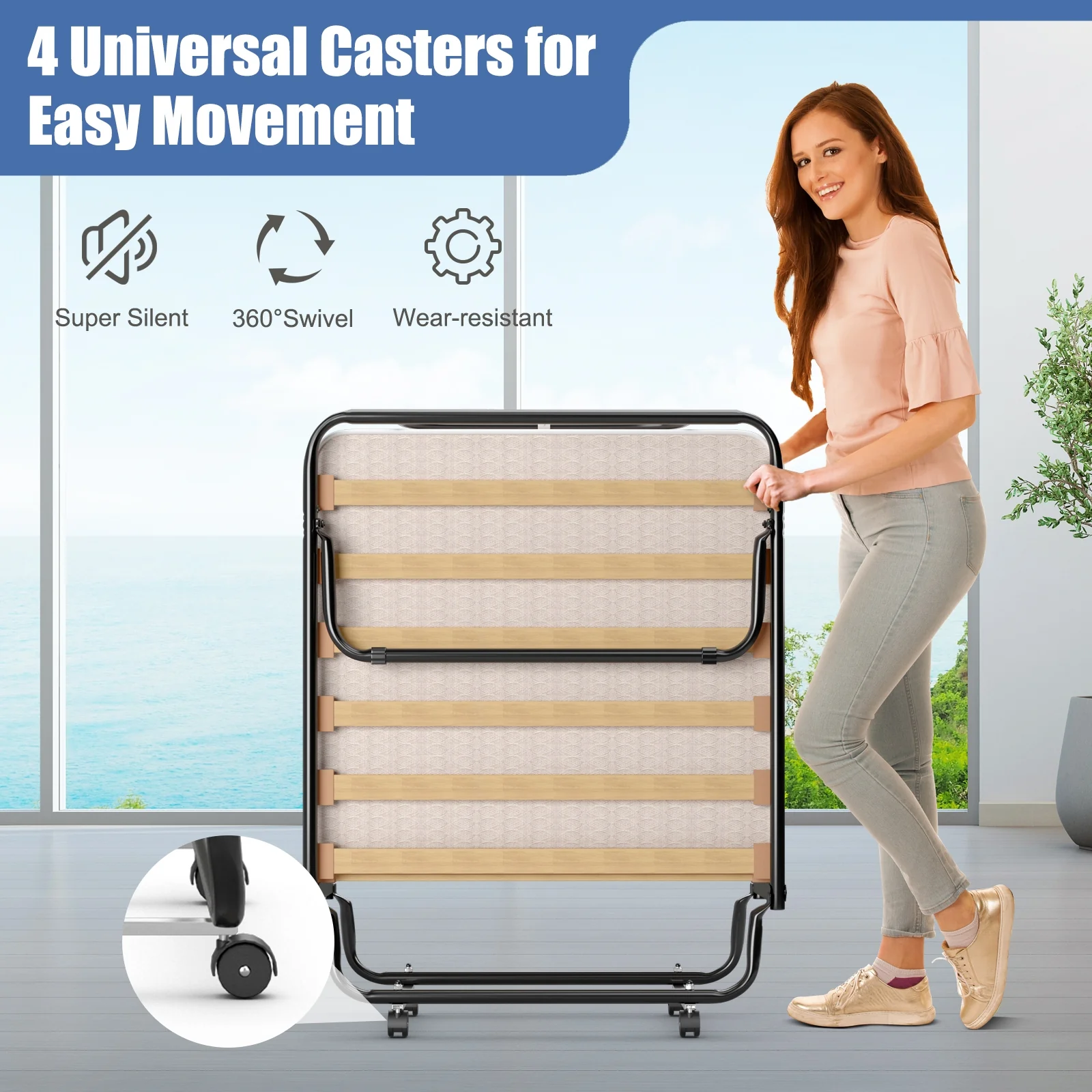 Portable Folding Bed, Memory Foam Mattress, Sturdy Metal Frame, Beige - Image 3