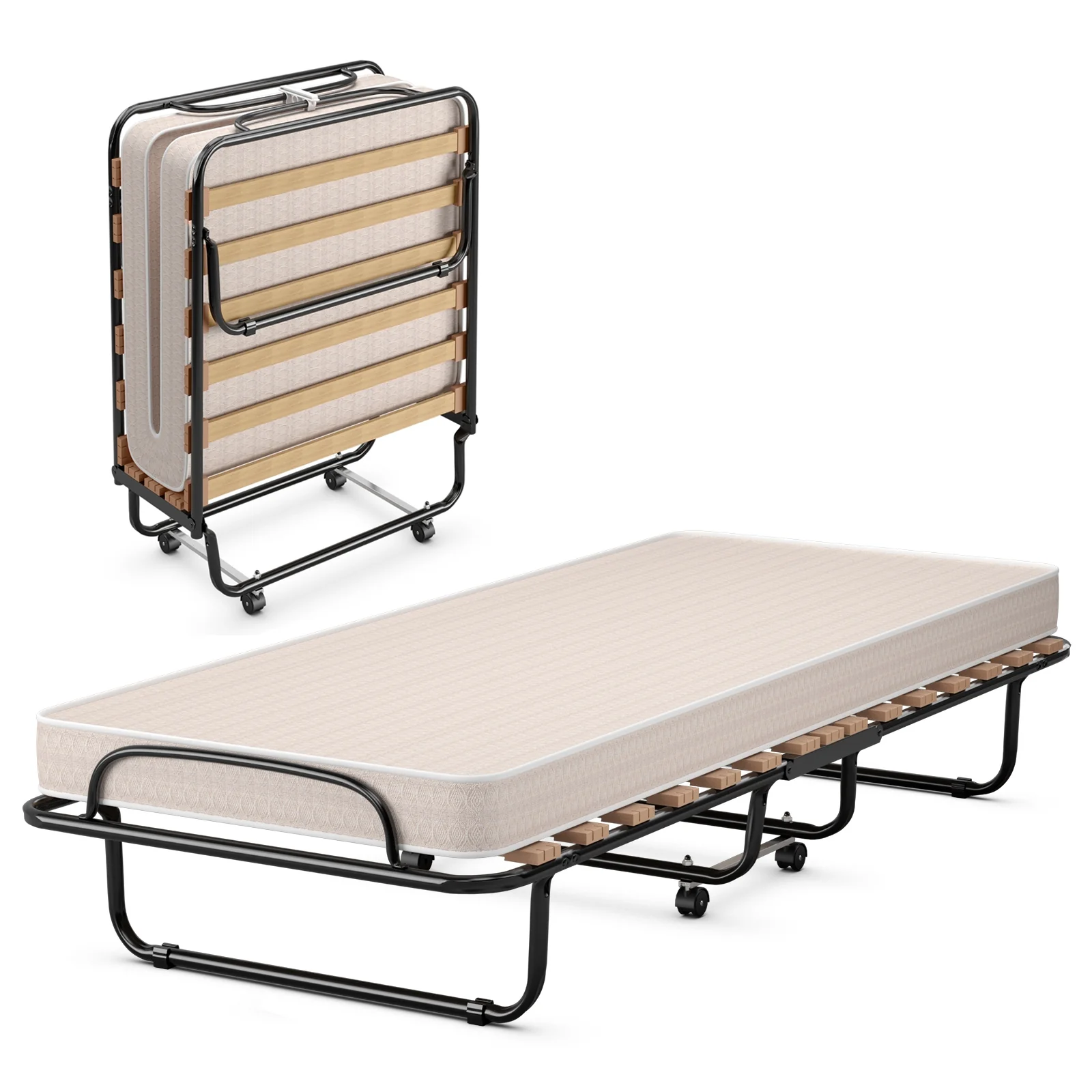 Portable Folding Bed, Memory Foam Mattress, Sturdy Metal Frame, Beige - Image 4