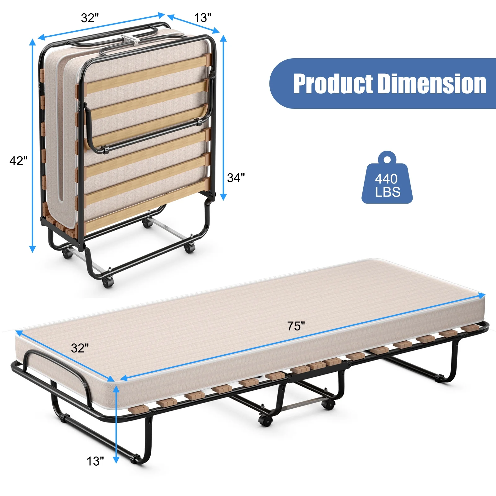 Portable Folding Bed, Memory Foam Mattress, Sturdy Metal Frame, Beige - Image 5