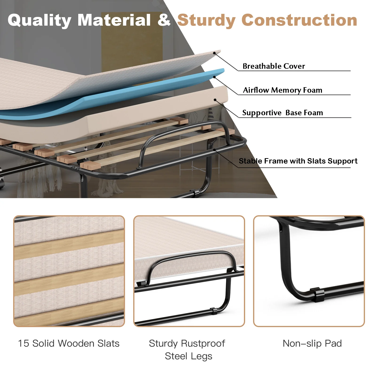 Portable Folding Bed, Memory Foam Mattress, Sturdy Metal Frame, Beige - Image 6