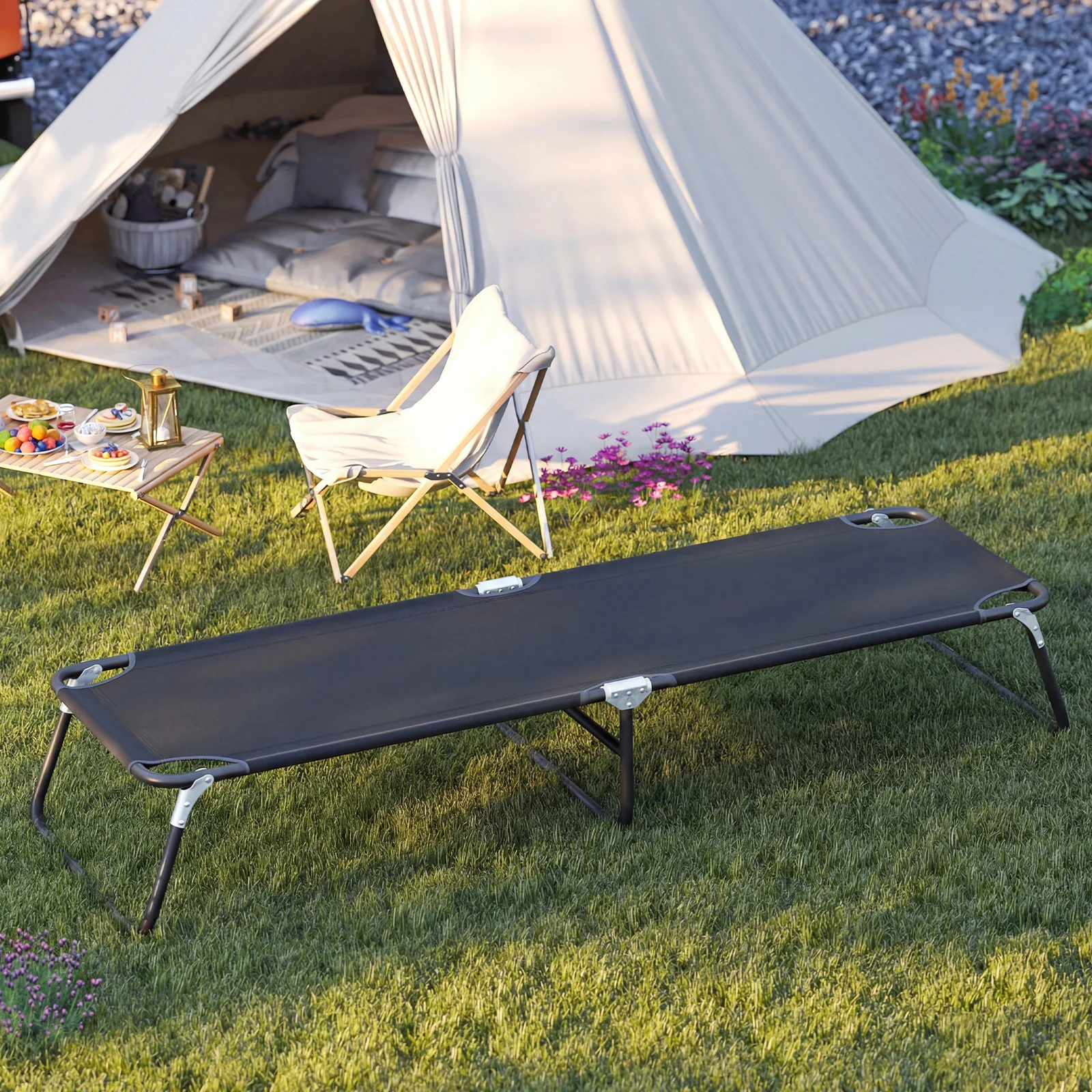 Portable Folding Camping Bed, Outdoor Sleeping Hiking Travel, Black - Image 2