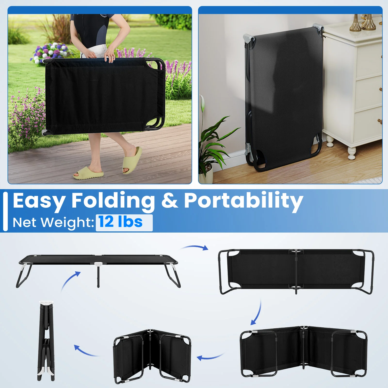 Portable Folding Camping Bed, Outdoor Sleeping Hiking Travel, Black - Image 8
