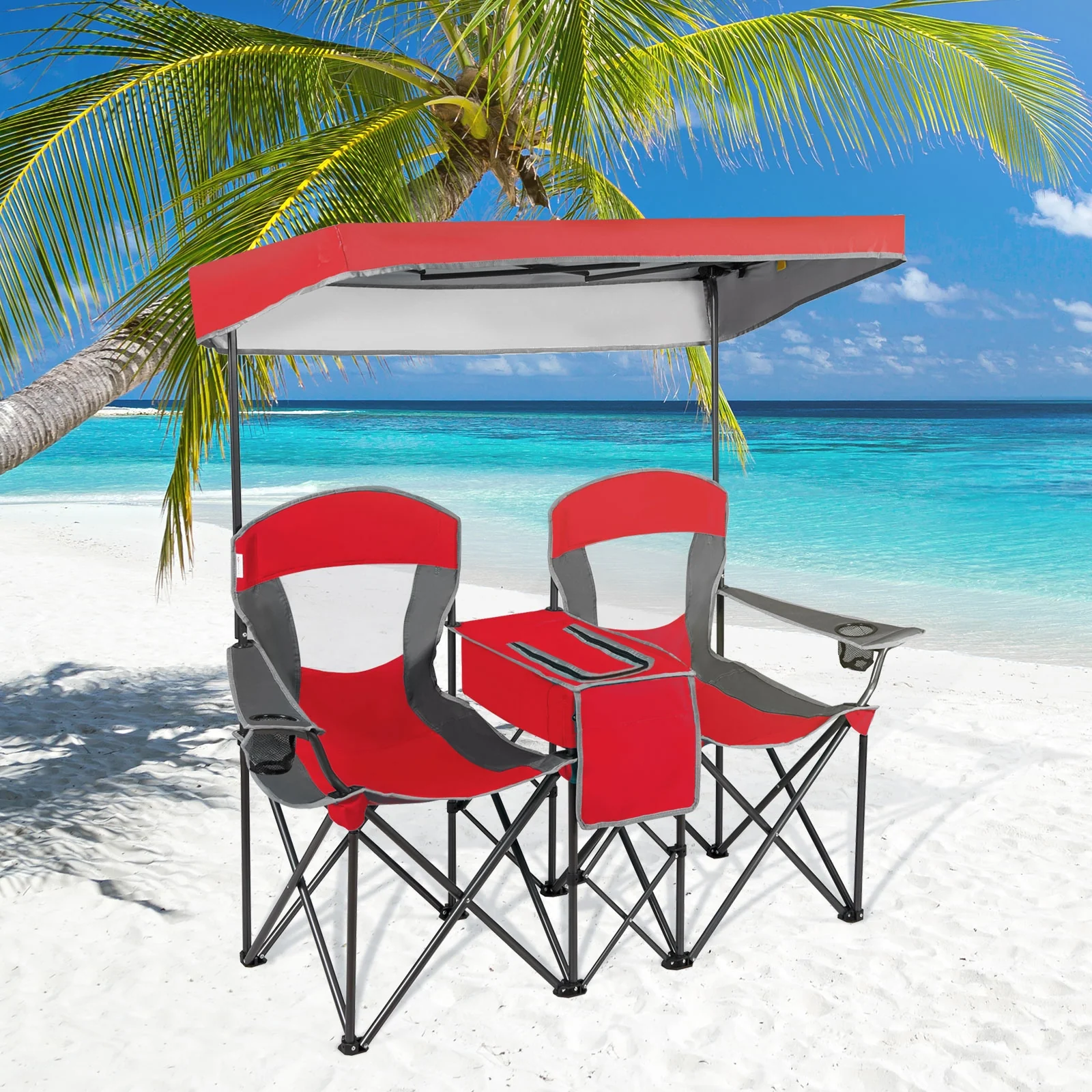 Portable Folding Camping Chair With Cup Holder, Red - Image 2