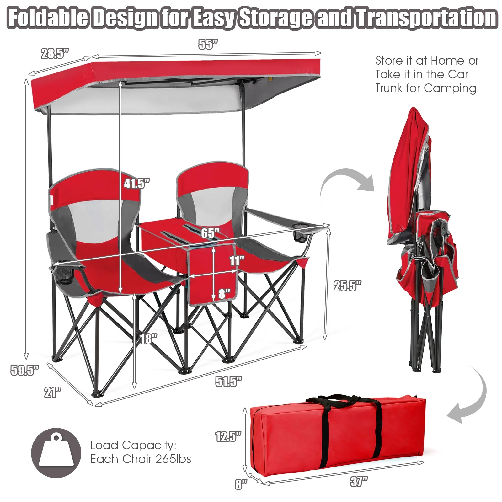 Portable Folding Camping Chair With Cup Holder, Red - Image 5