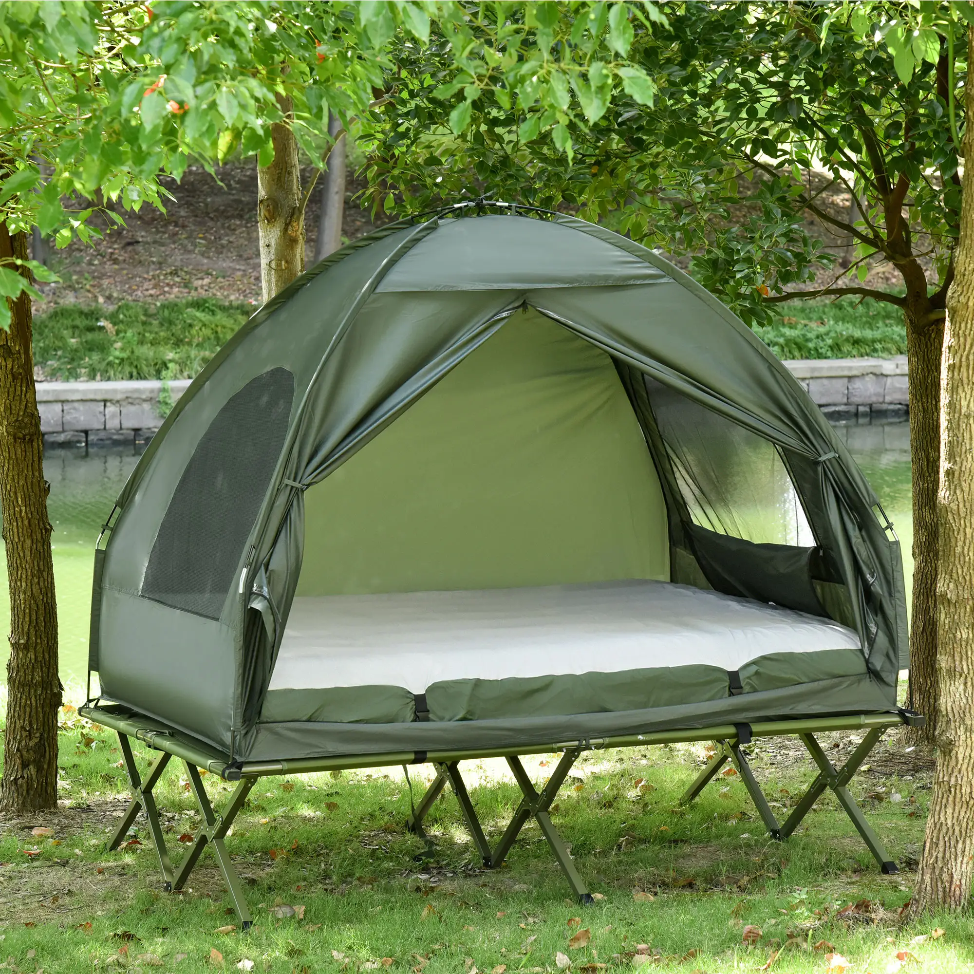 Portable Folding Camping Tent Cot, Air Mattress w/ Carry Bag, Pump, Dark Green - Image 2