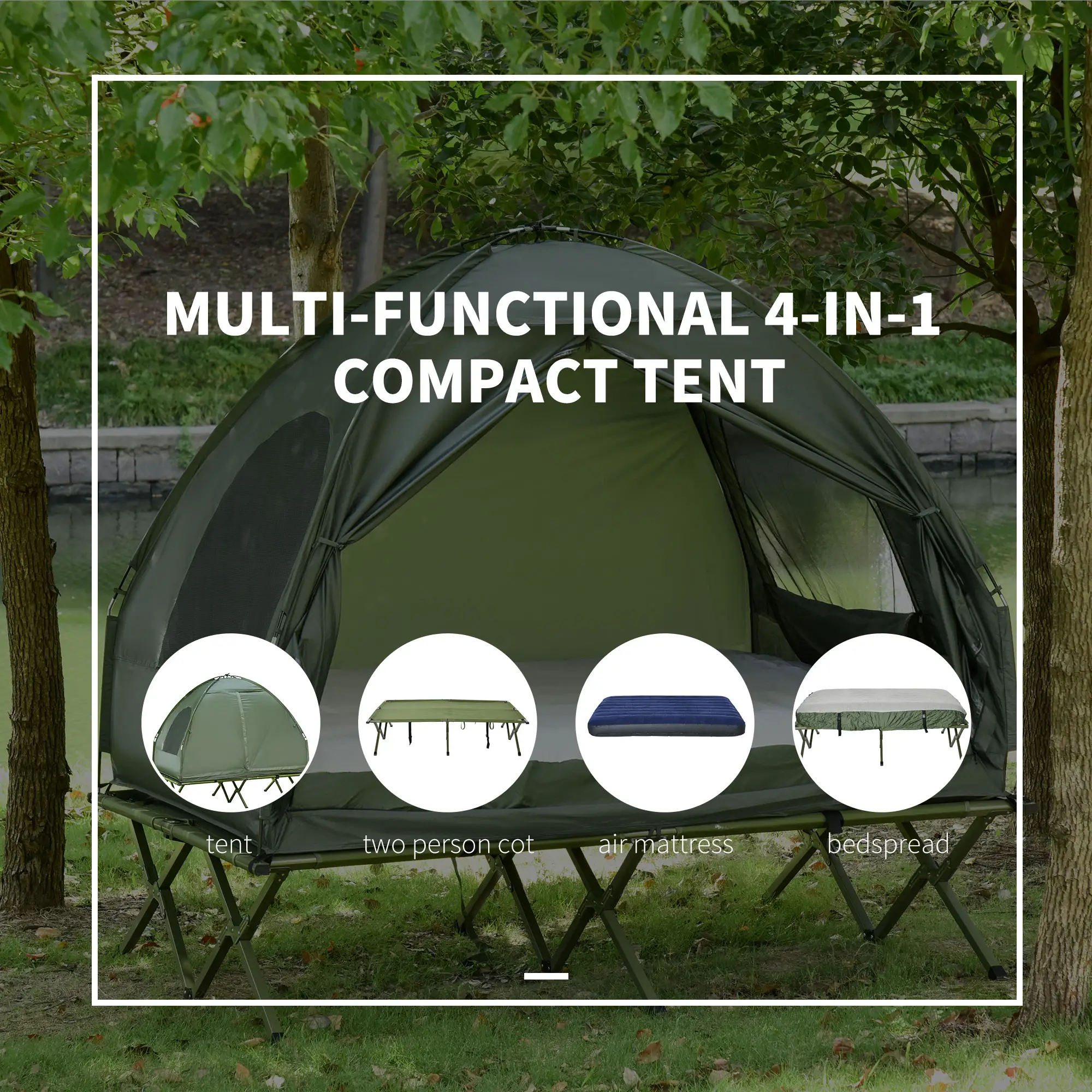 Portable Folding Camping Tent Cot, Air Mattress w/ Carry Bag, Pump, Dark Green - Image 4