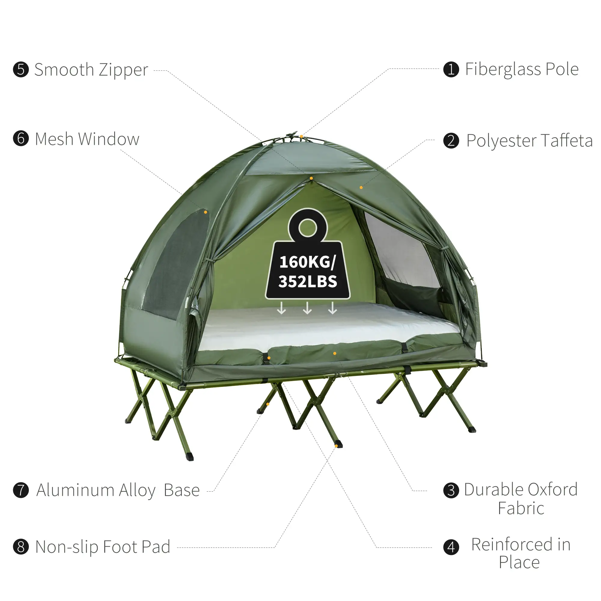 Portable Folding Camping Tent Cot, Air Mattress w/ Carry Bag, Pump, Dark Green - Image 7