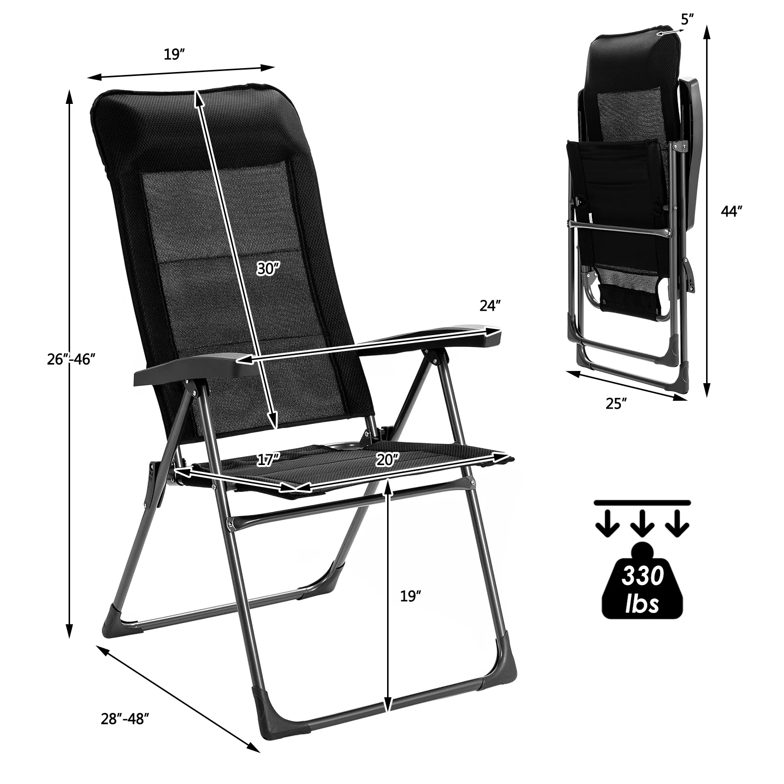 Portable Folding Dining Chairs, 2 Pieces, Adjustable Headrest, Black - Image 6