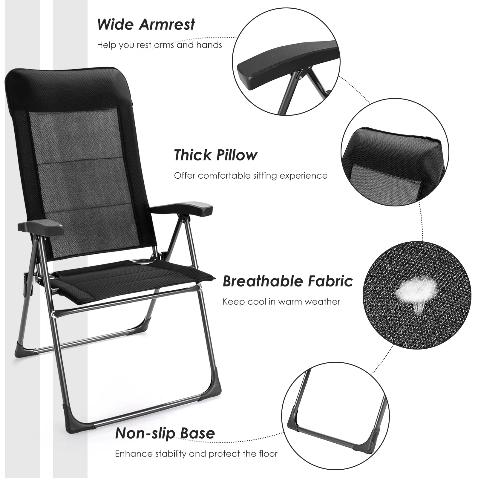 Portable Folding Dining Chairs, 2 Pieces, Adjustable Headrest, Black - Image 7