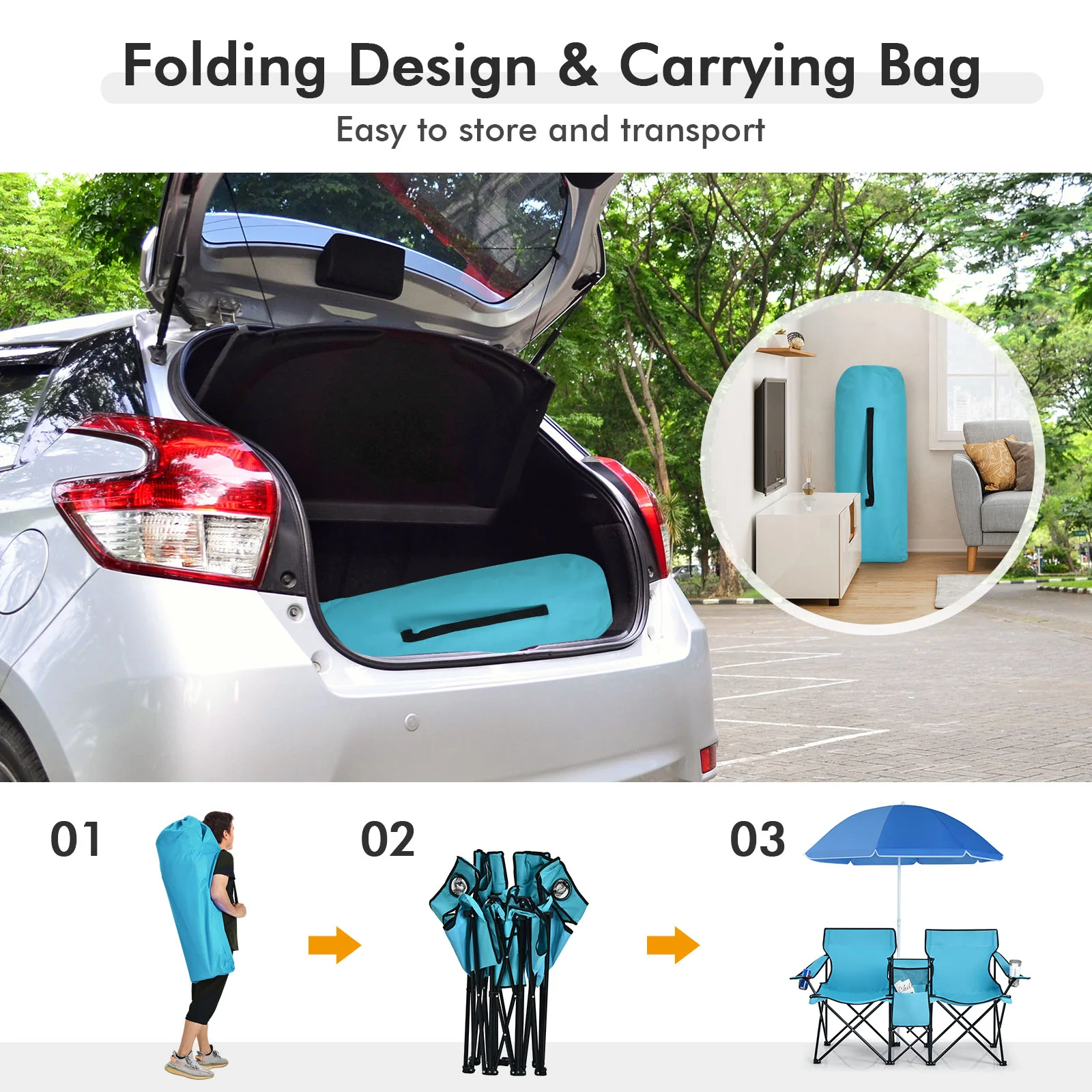 Portable Folding Picnic Double Chair, Turquoise - Image 10