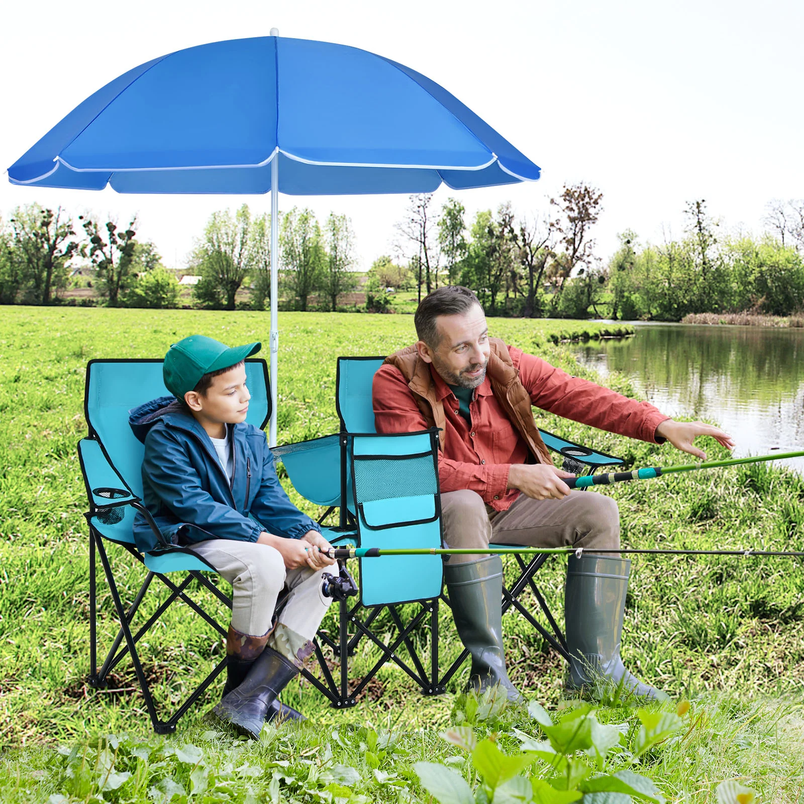 Portable Folding Picnic Double Chair, Turquoise - Image 2