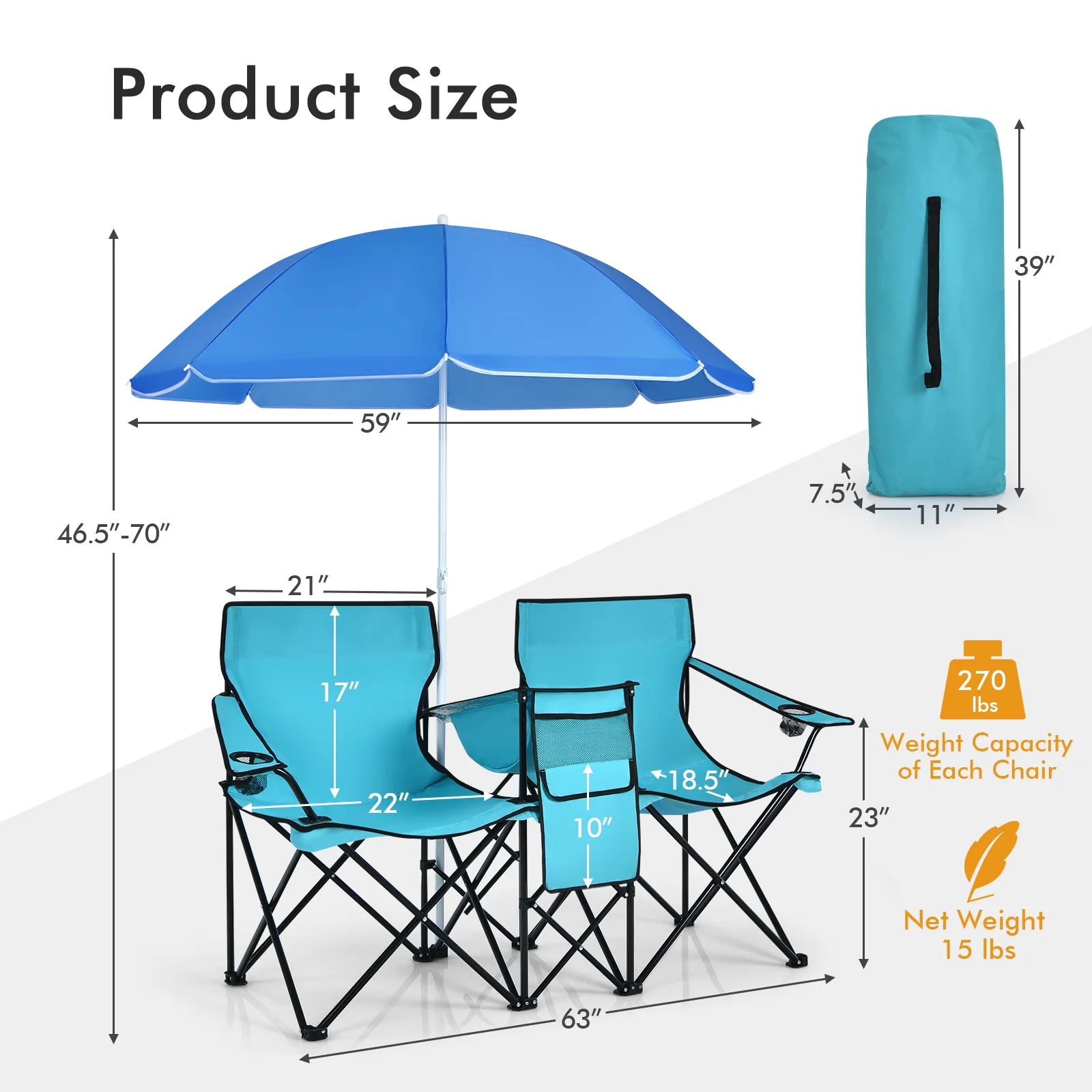 Portable Folding Picnic Double Chair, Turquoise - Image 5