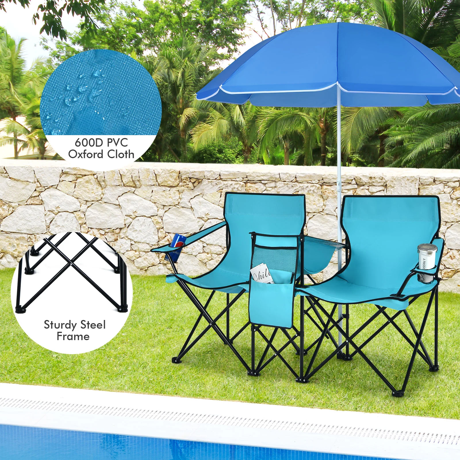 Portable Folding Picnic Double Chair, Turquoise - Image 6