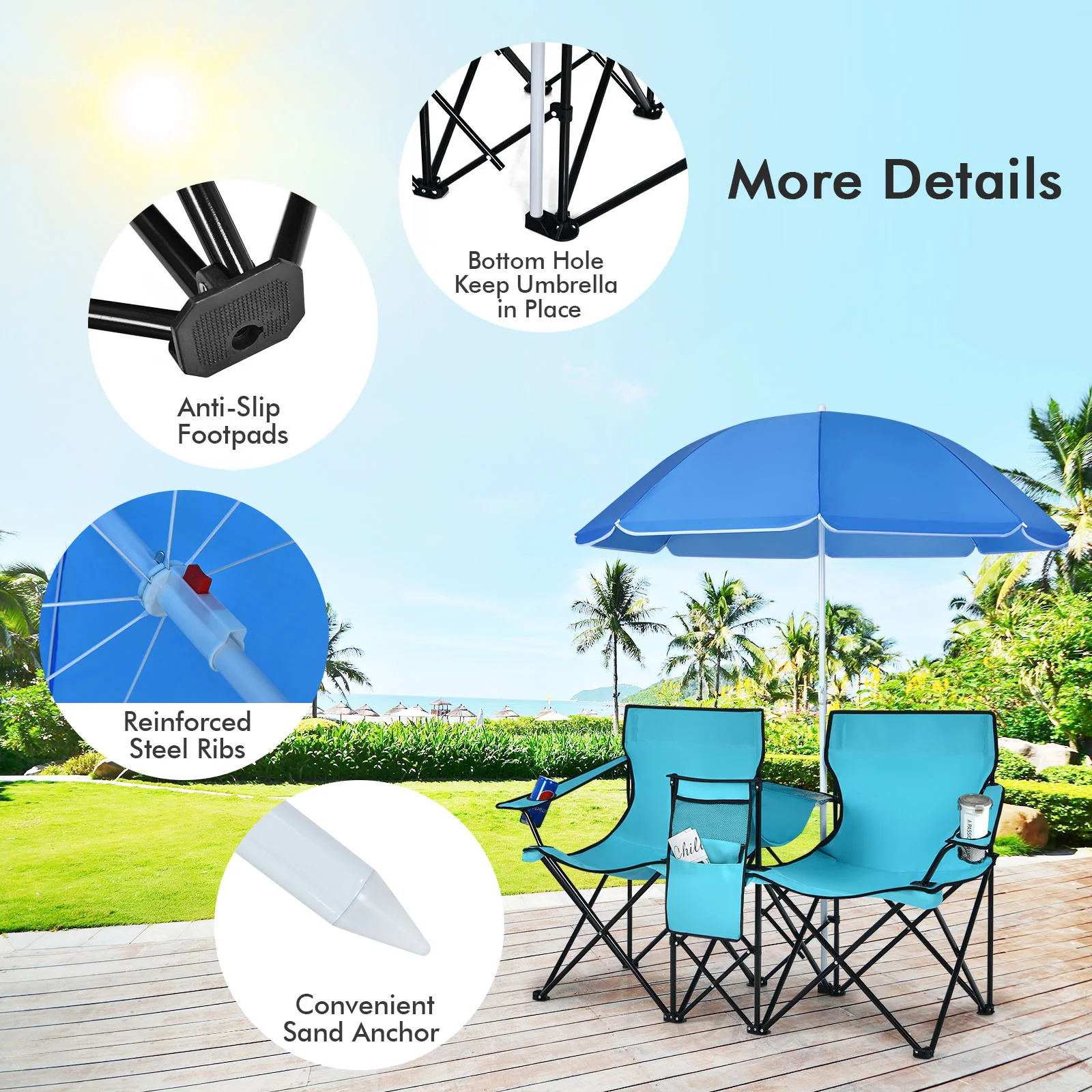 Portable Folding Picnic Double Chair, Turquoise - Image 7