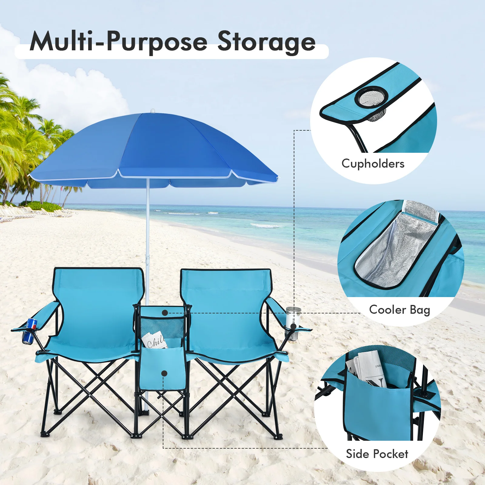 Portable Folding Picnic Double Chair, Turquoise - Image 8