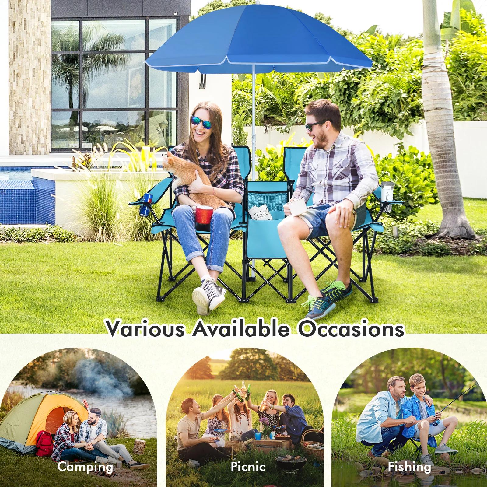 Portable Folding Picnic Double Chair, Turquoise - Image 9