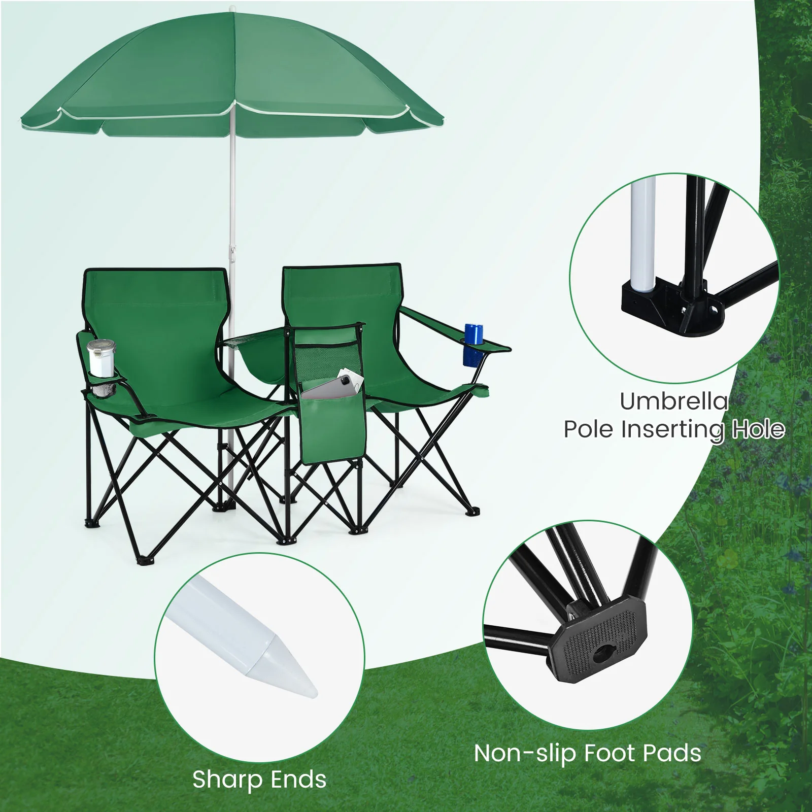 Portable Folding Picnic Double Chair With Removable Umbrella, Green - Image 10