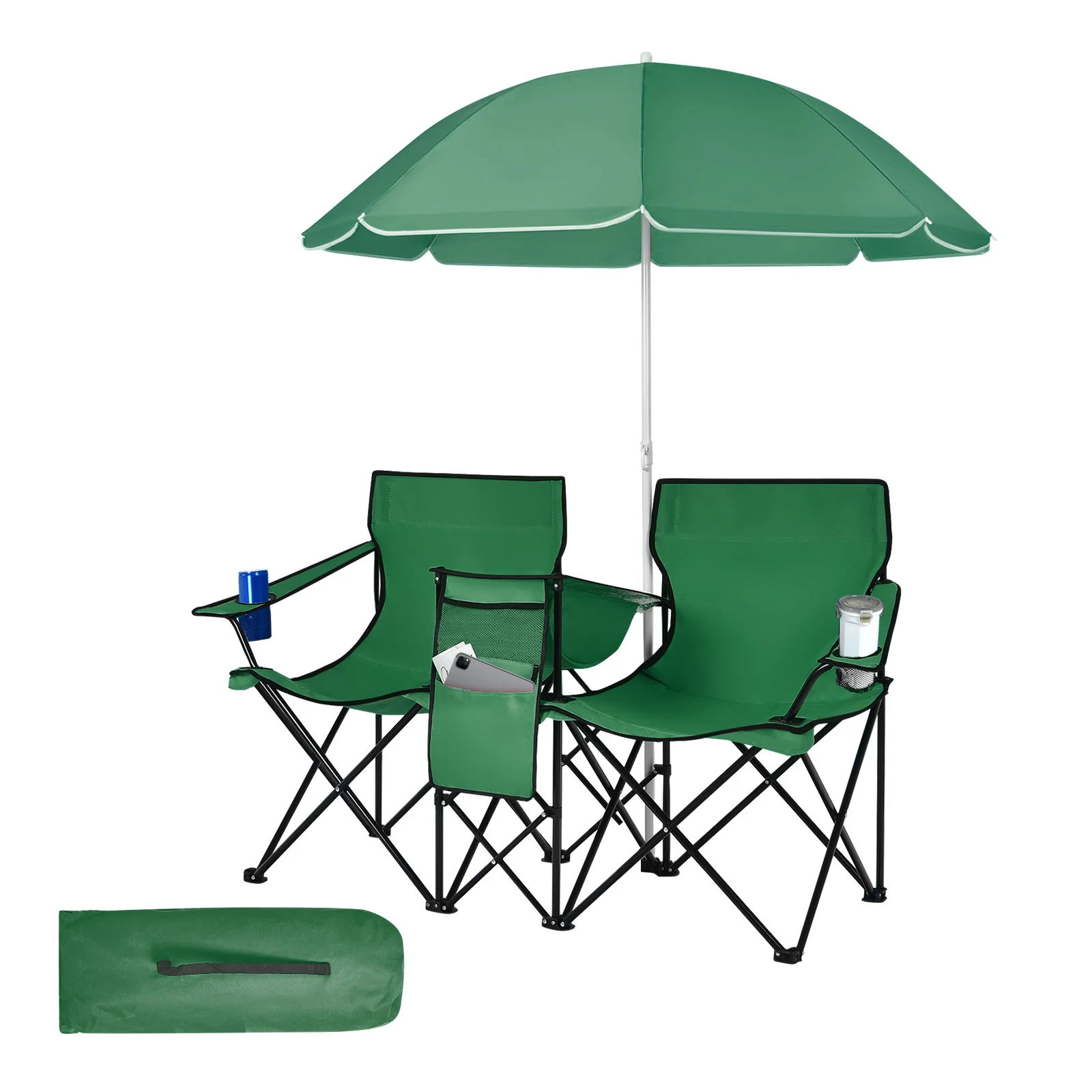 Portable Folding Picnic Double Chair With Removable Umbrella, Green - Image 4