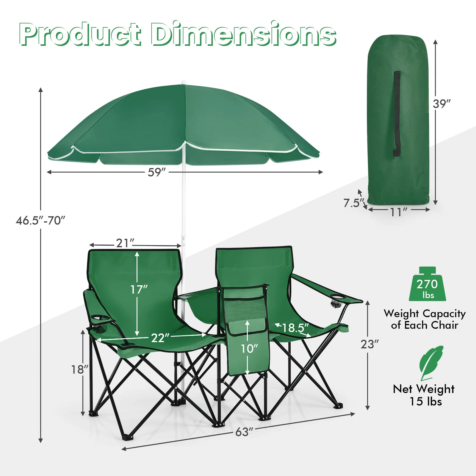 Portable Folding Picnic Double Chair With Removable Umbrella, Green - Image 5