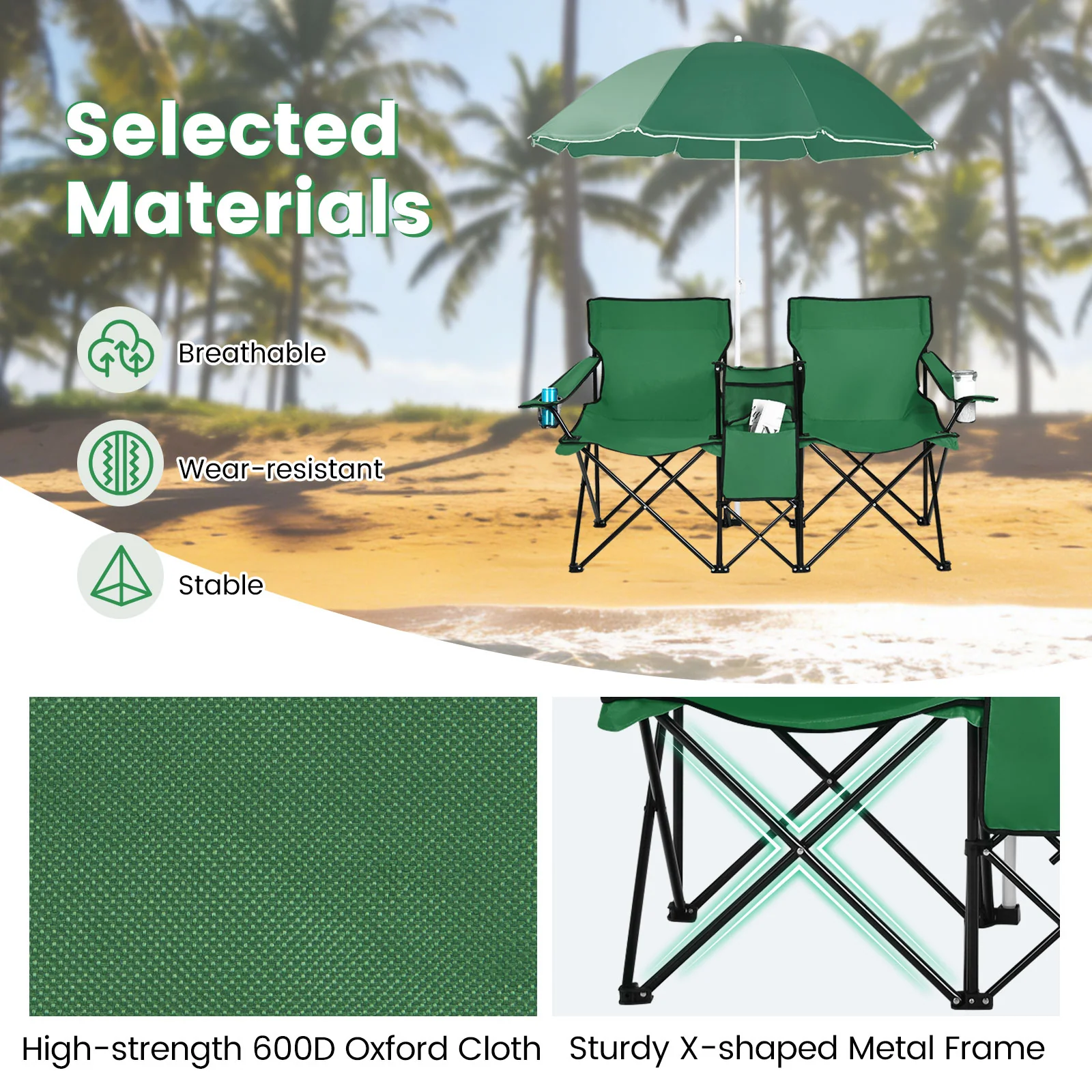 Portable Folding Picnic Double Chair With Removable Umbrella, Green - Image 6