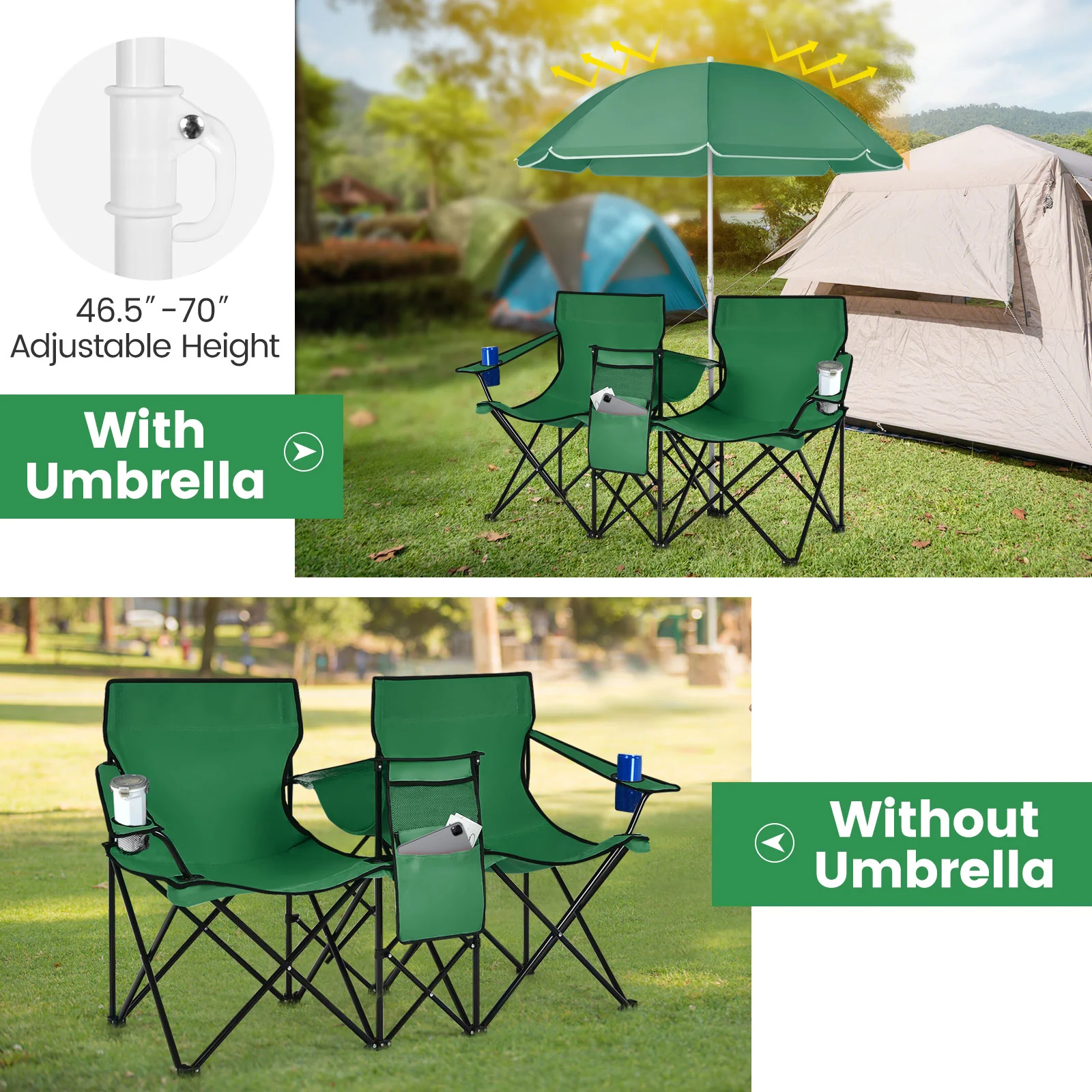 Portable Folding Picnic Double Chair With Removable Umbrella, Green - Image 7