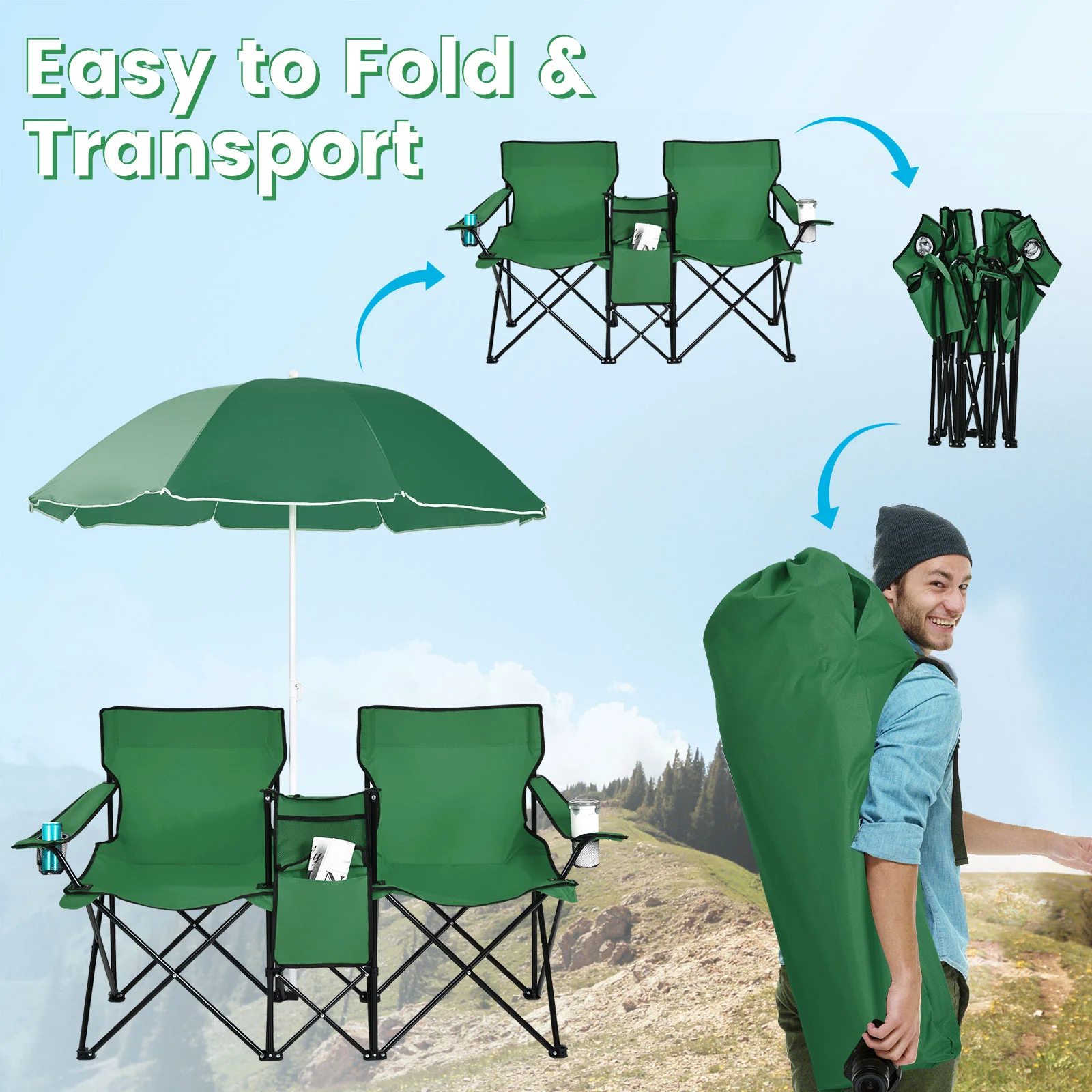 Portable Folding Picnic Double Chair With Removable Umbrella, Green - Image 9