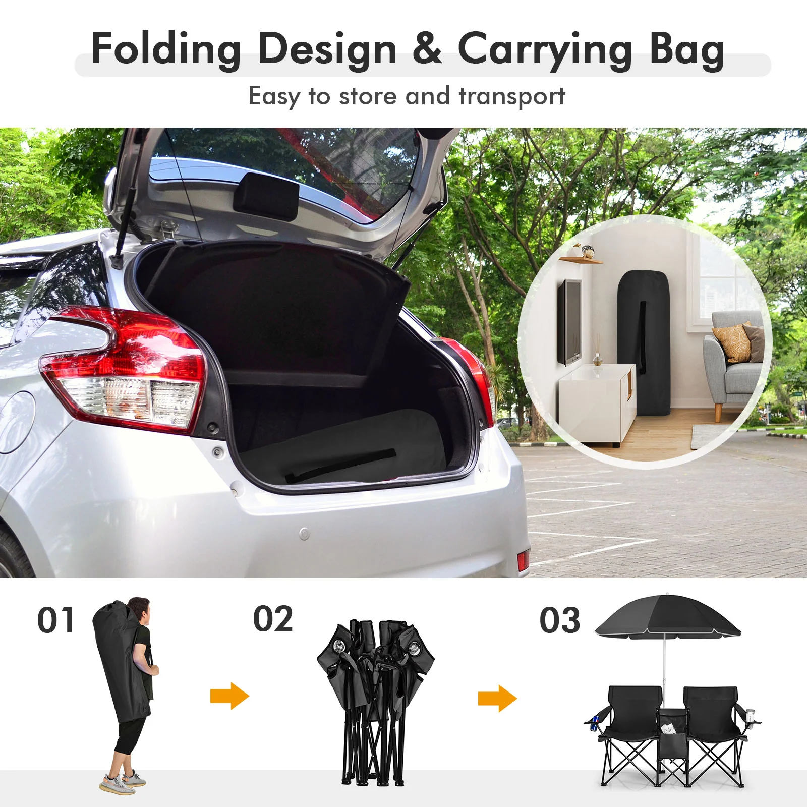 Portable Folding Picnic Double Chair With Umbrella, Black - Image 10