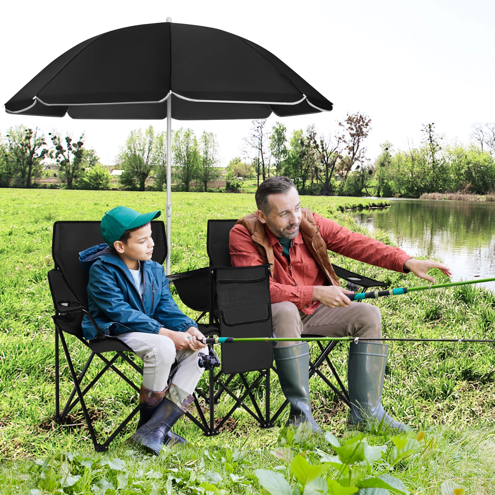 Portable Folding Picnic Double Chair With Umbrella, Black - Image 2
