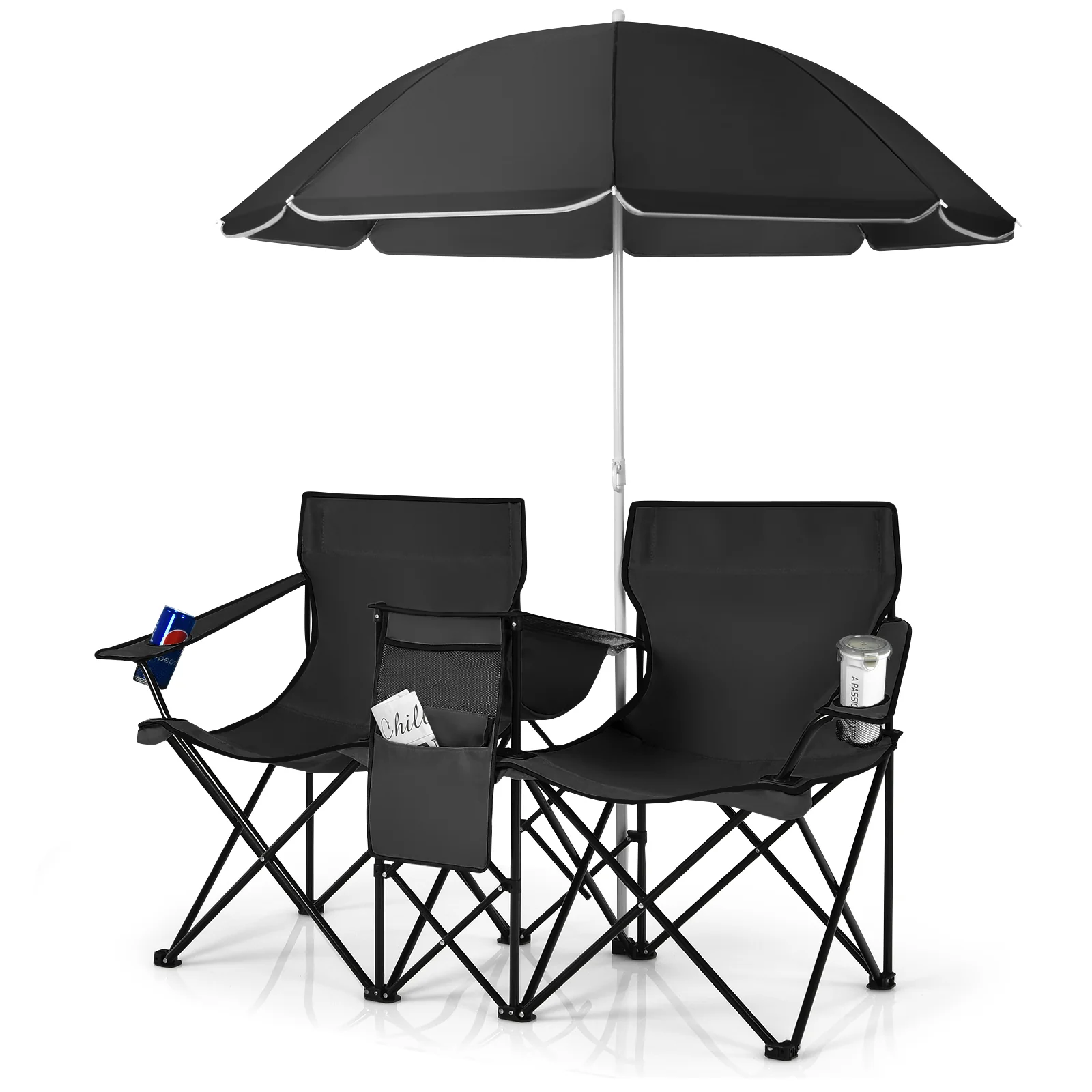 Portable Folding Picnic Double Chair With Umbrella, Black - Image 4