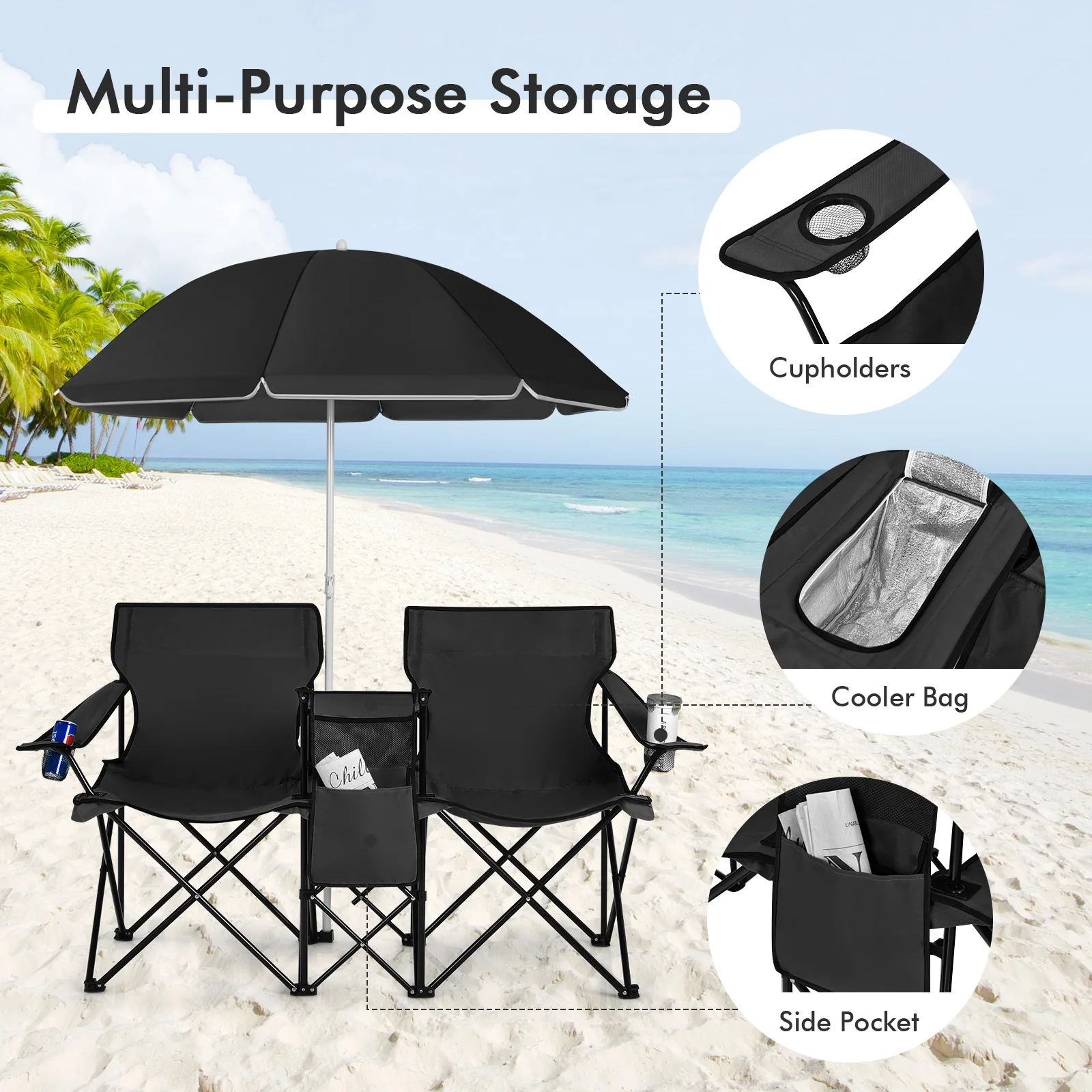 Portable Folding Picnic Double Chair With Umbrella, Black - Image 8