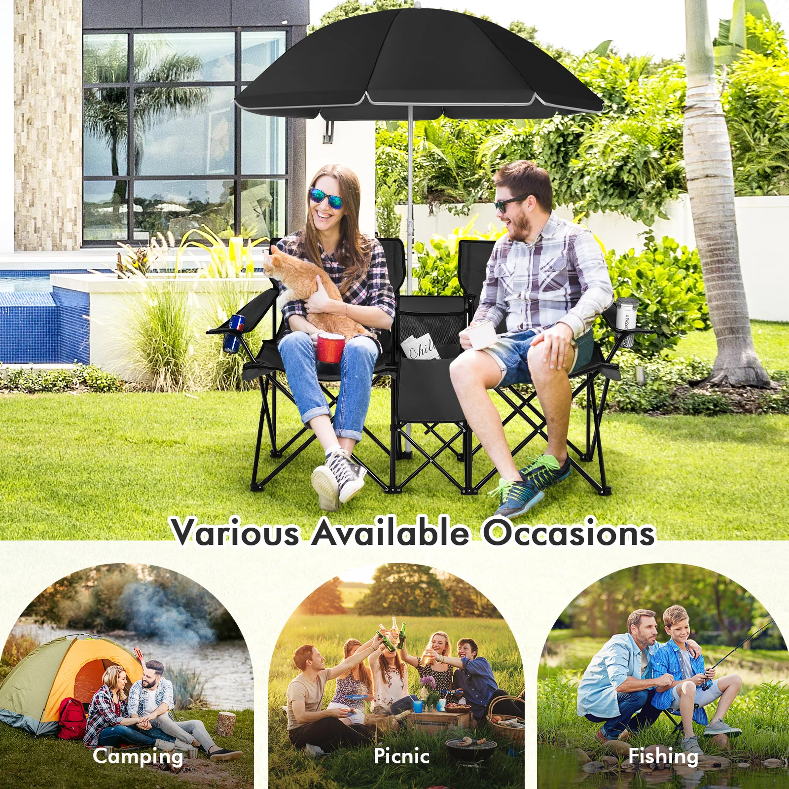 Portable Folding Picnic Double Chair With Umbrella, Black - Image 9