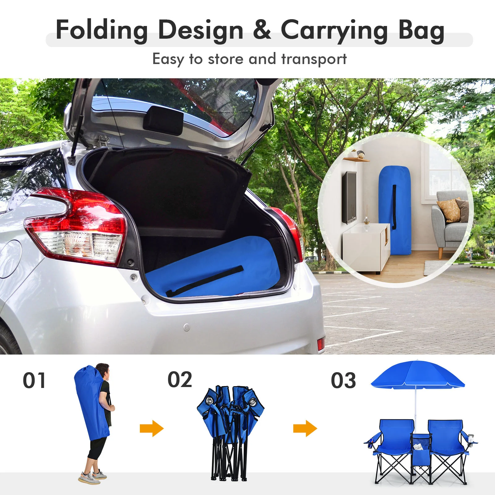 Portable Folding Picnic Double Chair with Umbrella, Blue - Image 10