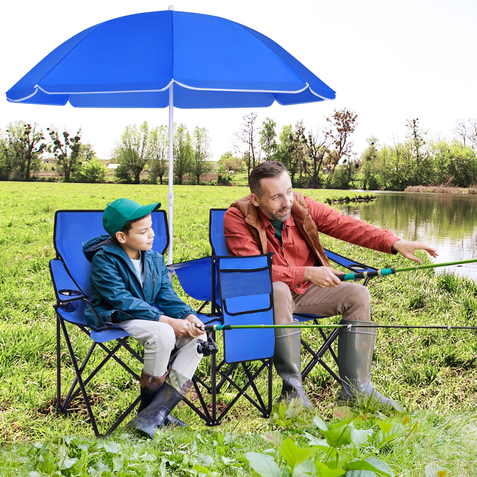 Portable Folding Picnic Double Chair with Umbrella, Blue - Image 2