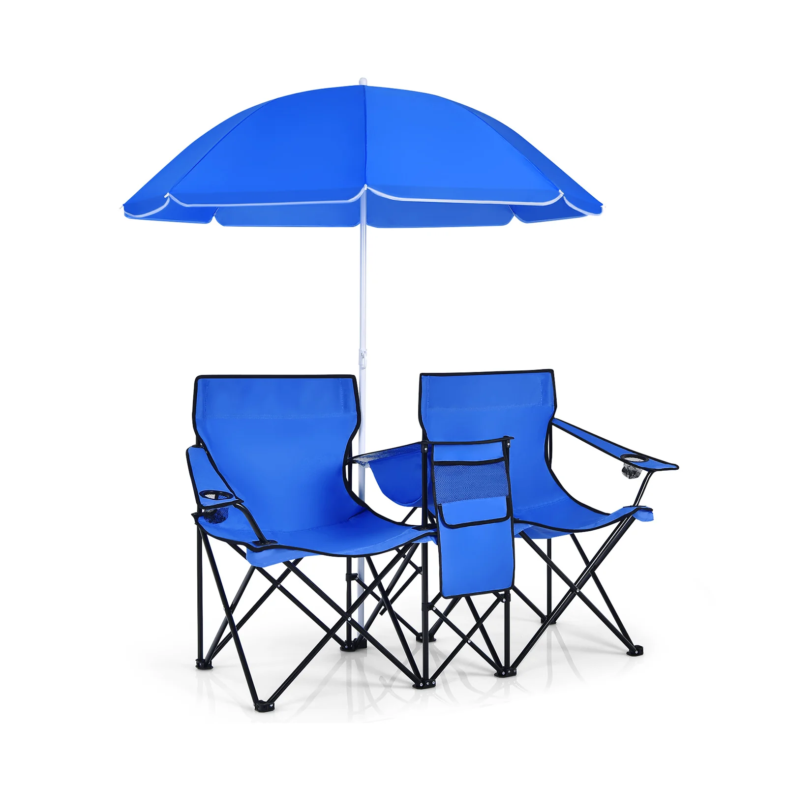 Portable Folding Picnic Double Chair with Umbrella, Blue - Image 3