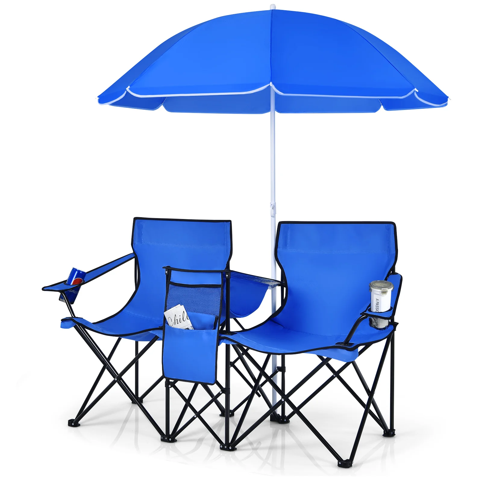 Portable Folding Picnic Double Chair with Umbrella, Blue - Image 4