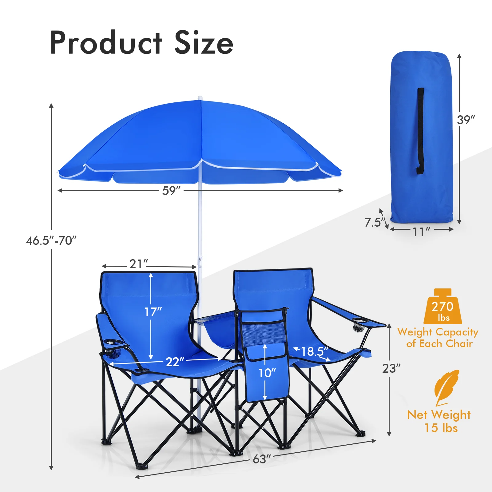 Portable Folding Picnic Double Chair with Umbrella, Blue - Image 5