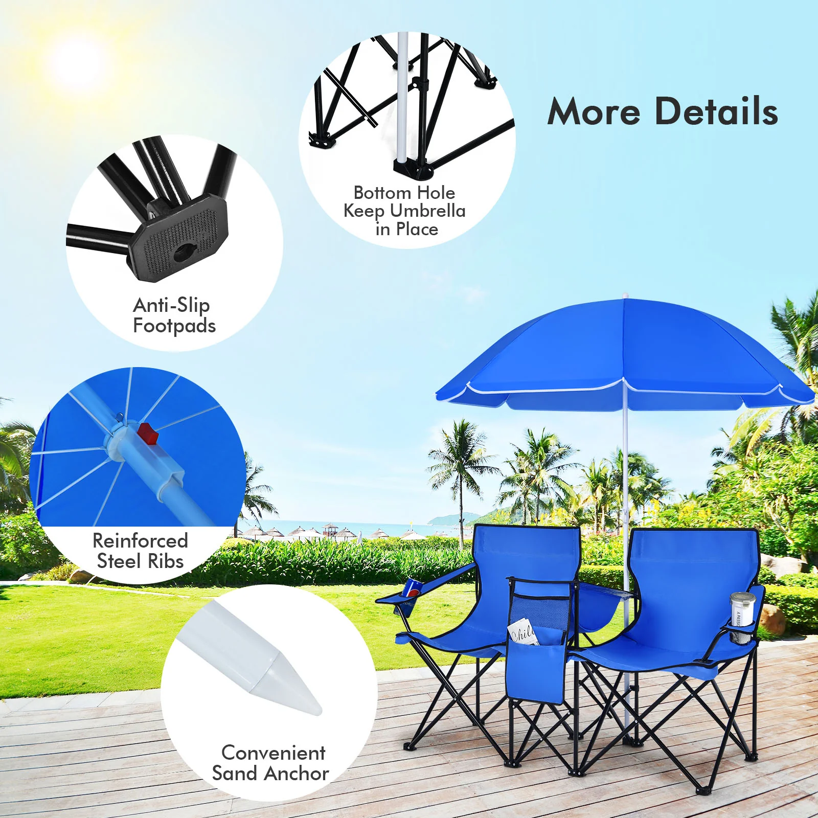 Portable Folding Picnic Double Chair with Umbrella, Blue - Image 6