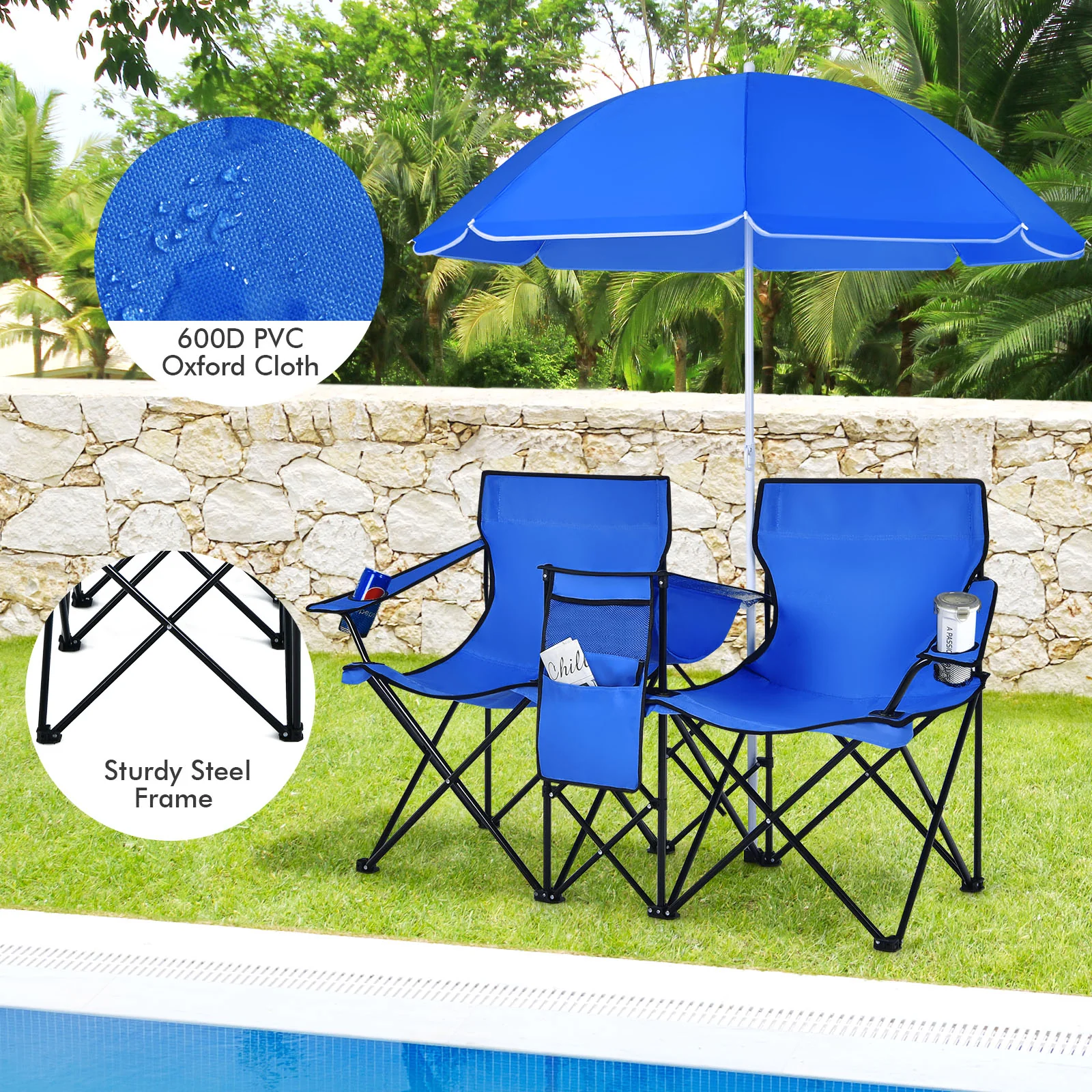 Portable Folding Picnic Double Chair with Umbrella, Blue - Image 7