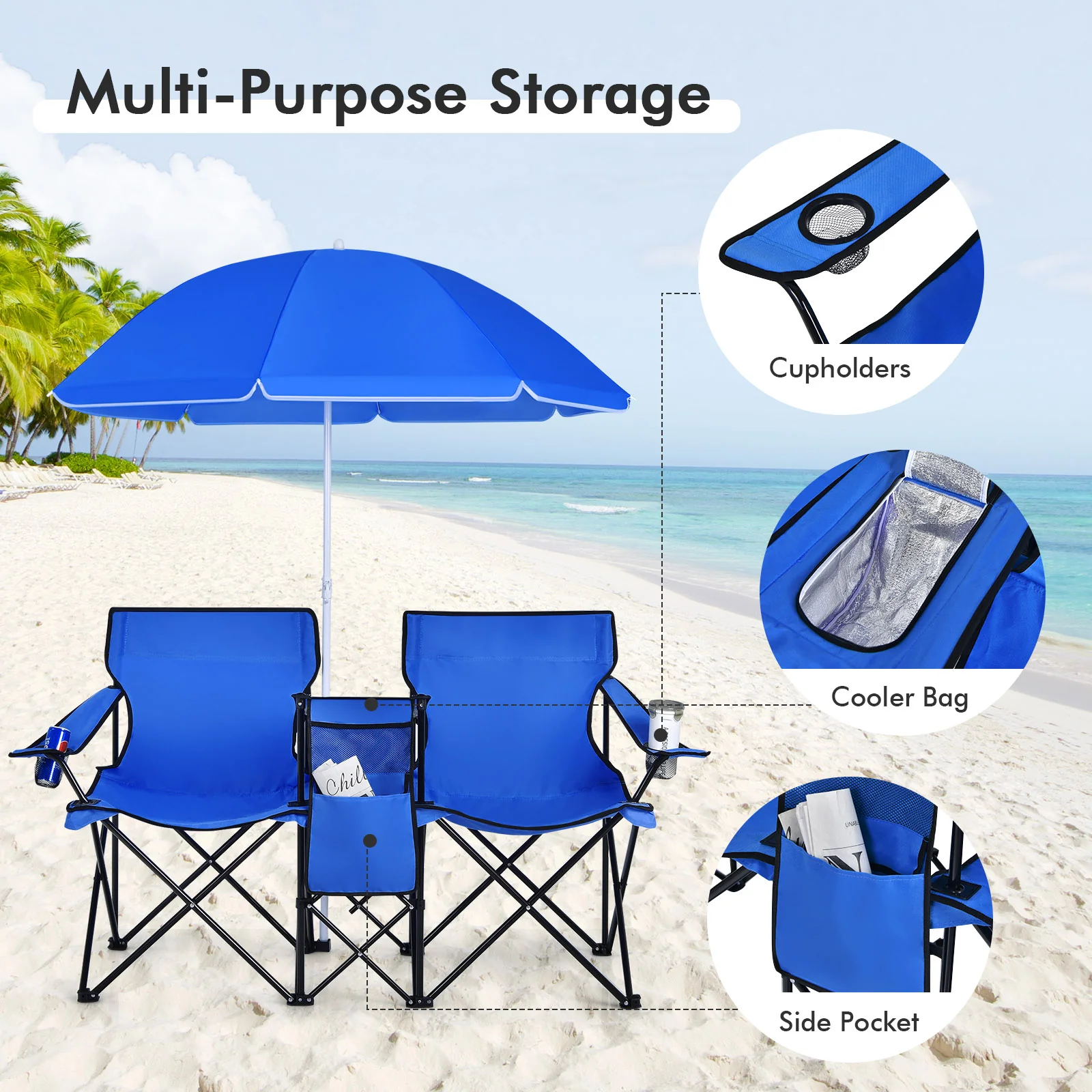 Portable Folding Picnic Double Chair with Umbrella, Blue - Image 8