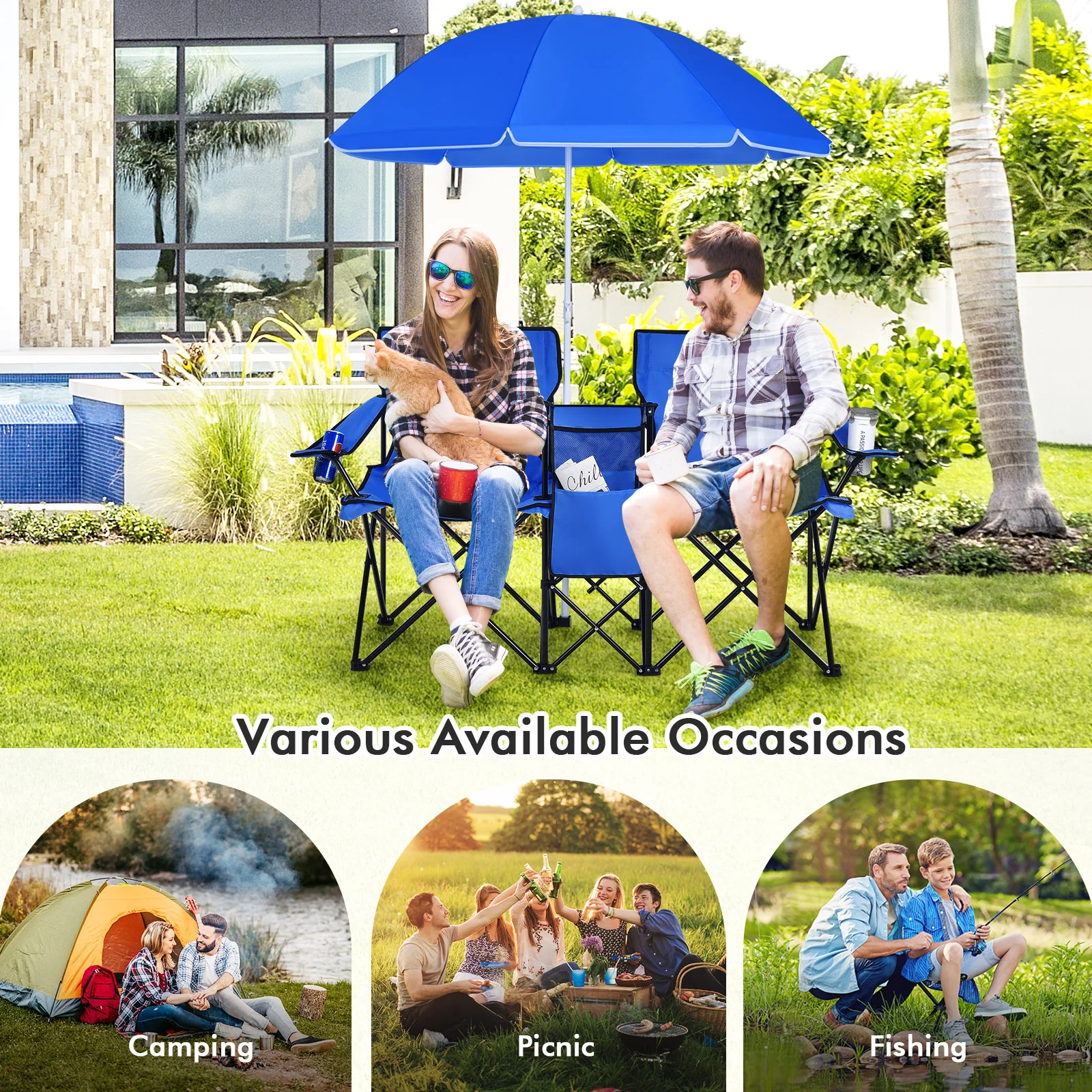 Portable Folding Picnic Double Chair with Umbrella, Blue - Image 9
