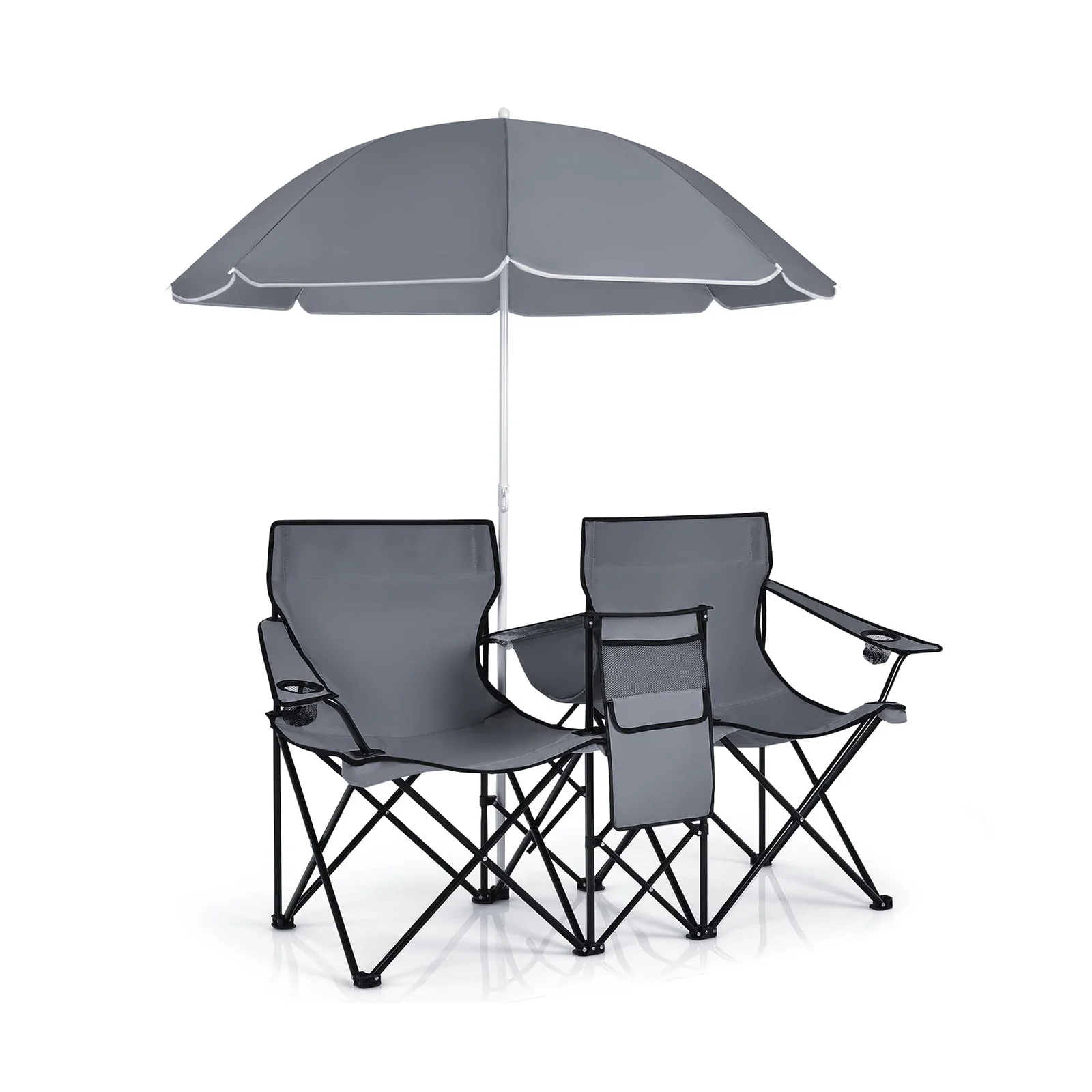 Portable Folding Picnic Double Chair With Umbrella, Gray